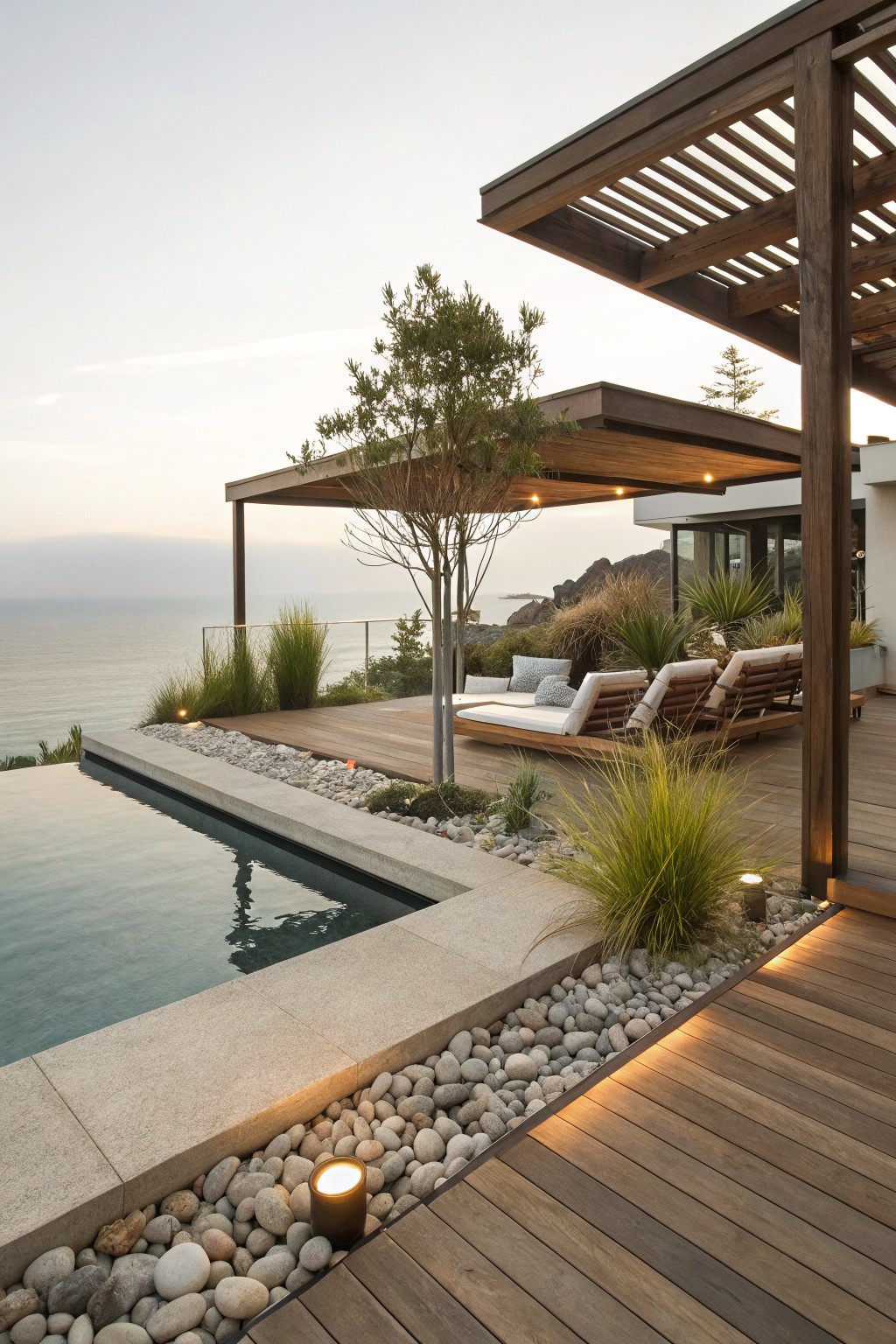 Wooden deck with infinity-edge pool overlooking ocean, edged by white pebbles and ornamental grasses, lounge chairs under pergola structure.