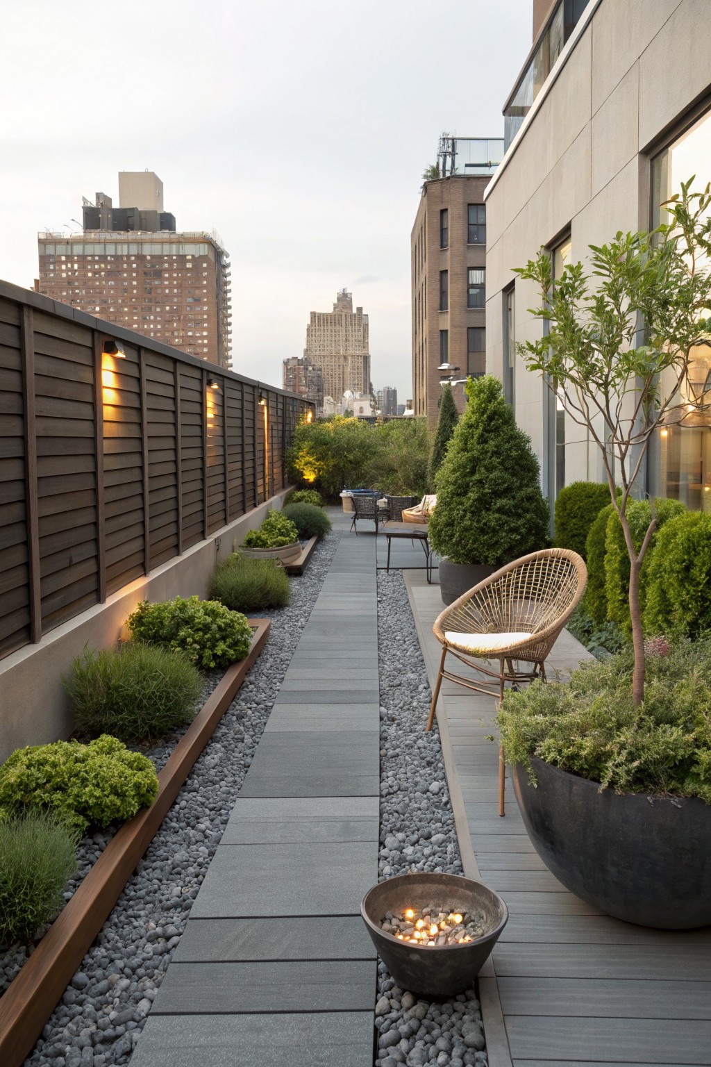 Rooftop deck terrace featuring a linear gray slate paver walkway bordered by pebbles, wood edging, low plants, rattan chair, large pots, fire bowl, and city buildings in the background.