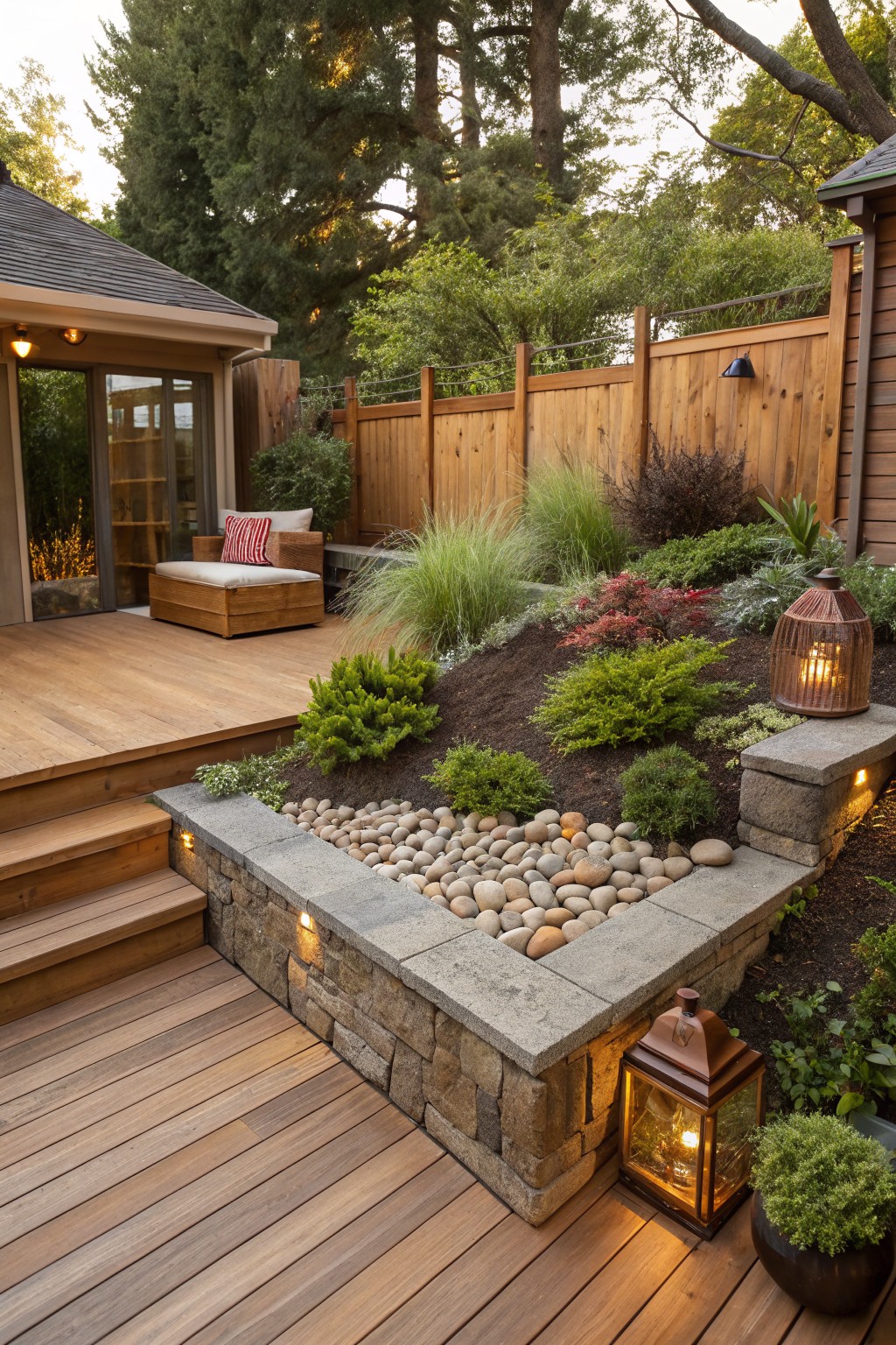 Wooden deck with steps adjacent to a low stone retaining wall filled with smooth pebbles and low plants, featuring lanterns and surrounding shrubs and trees.