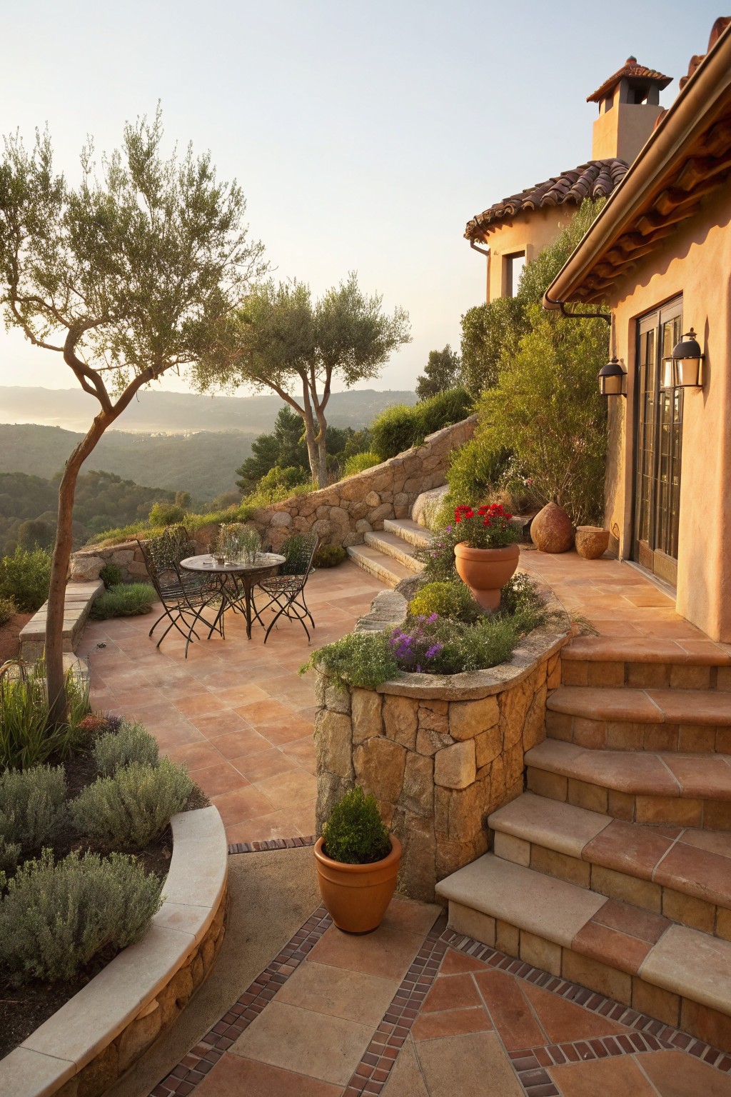 Terracotta-tiled outdoor terrace with wrought-iron bistro table and chairs, surrounded by stone retaining walls with plants and pots, steps leading to a stucco house entry, olive trees, and hillside view.