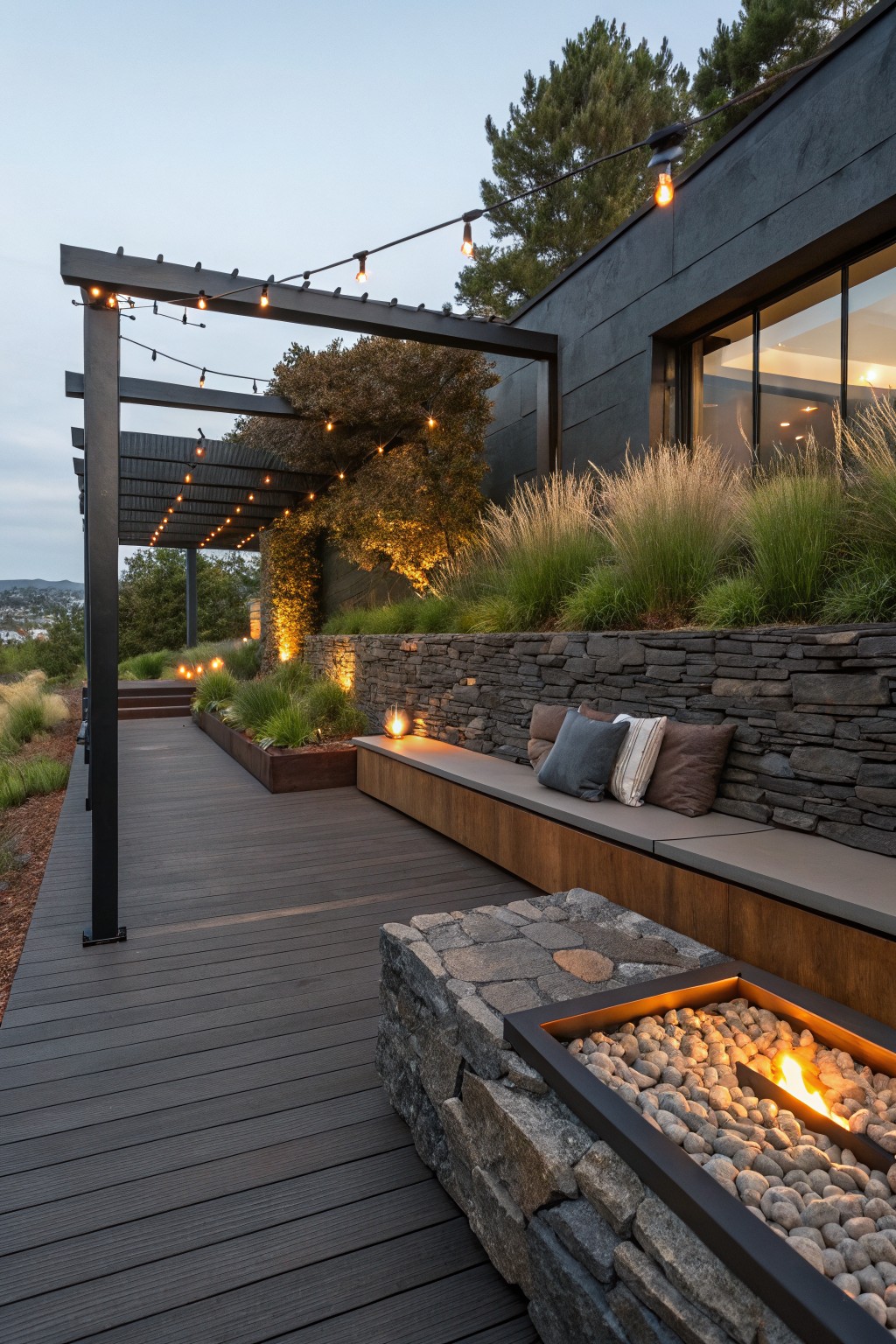 Dark wood deck with built-in concrete bench against a dry-stacked stone retaining wall topped with cushions, linear metal fire pit filled with pebbles and flames nearby, ornamental grasses along the wall, pergola with string lights overhead, and house wall in the background.