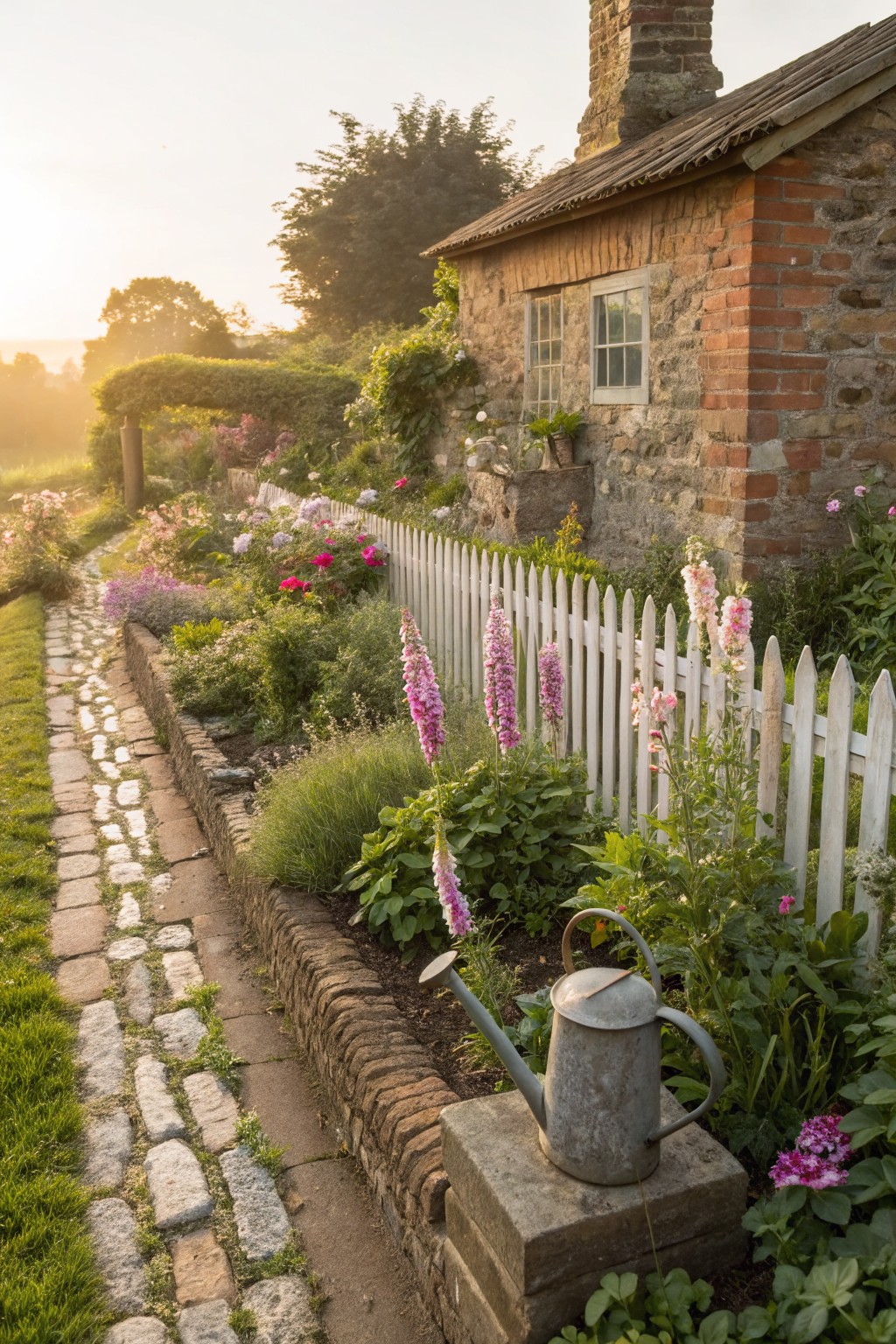 Small brick cottage with narrow cobblestone path along raised brick-edged flower beds blooming with pink foxgloves, hydrangeas, and other plants, white picket fence, and metal watering can on stone base.