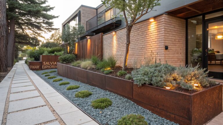 Side exterior of a brick house with black trim and a narrow corten steel-edged raised flower bed planted with salvia, dwarf euphorbia, grasses, and shrubs along a concrete paver path.