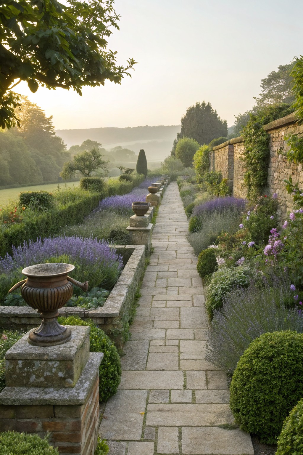 A narrow stone pathway lined with lavender flower beds and shrubs, bordered by low stone walls with urns, set against a misty hillside landscape at dawn.