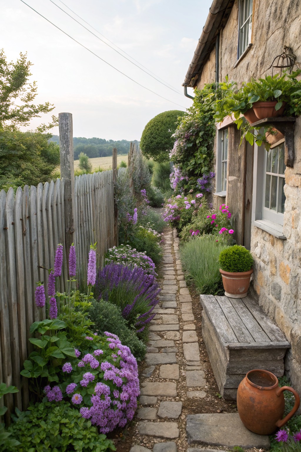 Narrow cobblestone pathway lined with purple lavender, foxgloves, and perennials alongside a stone cottage wall, bordered by a wooden picket fence and featuring a bench and terracotta pots.