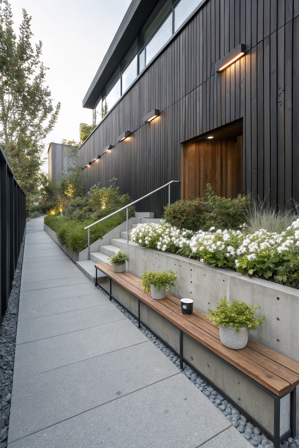 Narrow concrete pathway beside a dark wood-clad modern house, with raised concrete planters filled with white flowers and potted greenery, a wooden bench, steps, and garden lights.