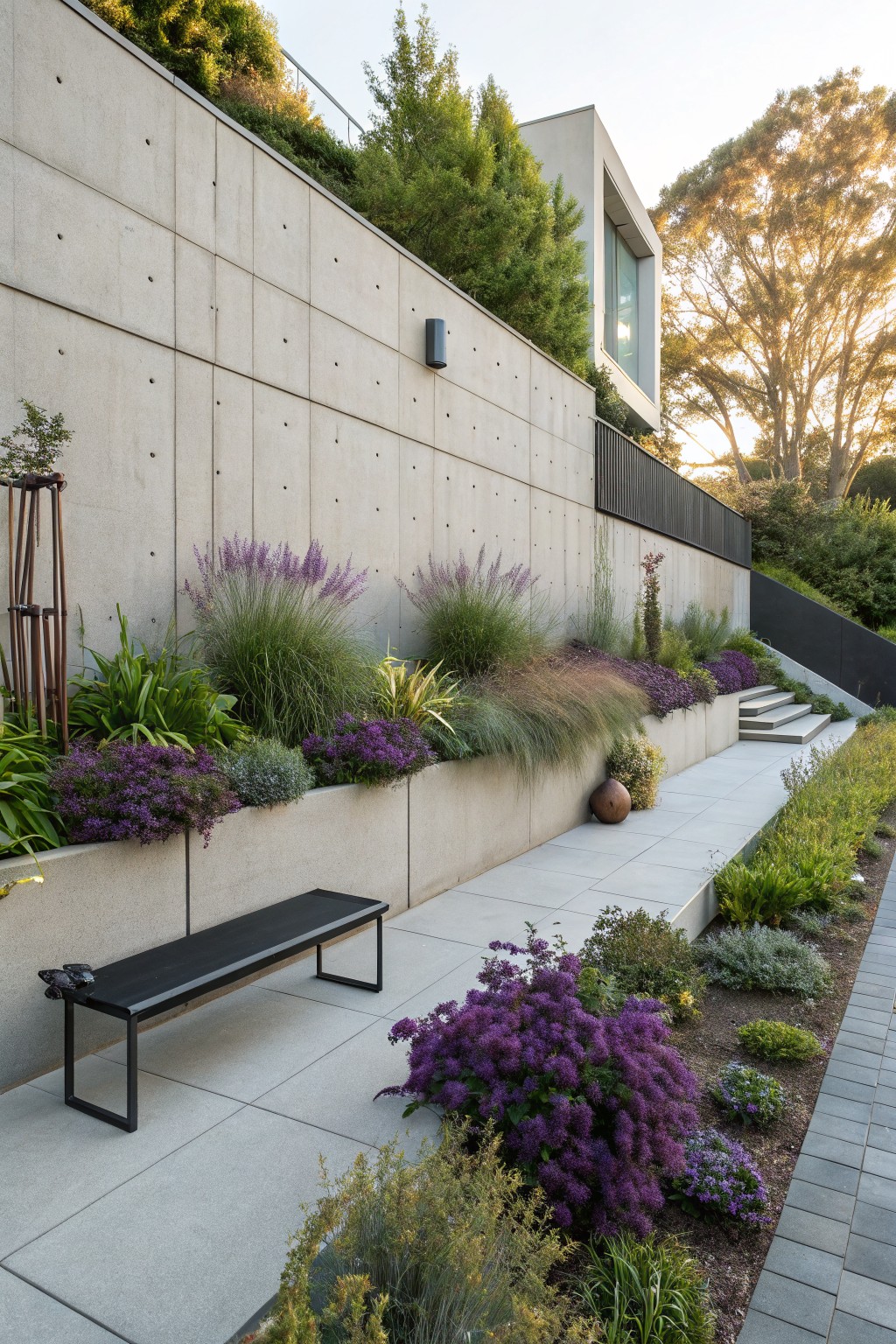 Narrow concrete path beside a tall textured concrete retaining wall with integrated raised planters filled with ornamental grasses, lavender, and purple flowers, a black metal bench, steps, and border plantings.