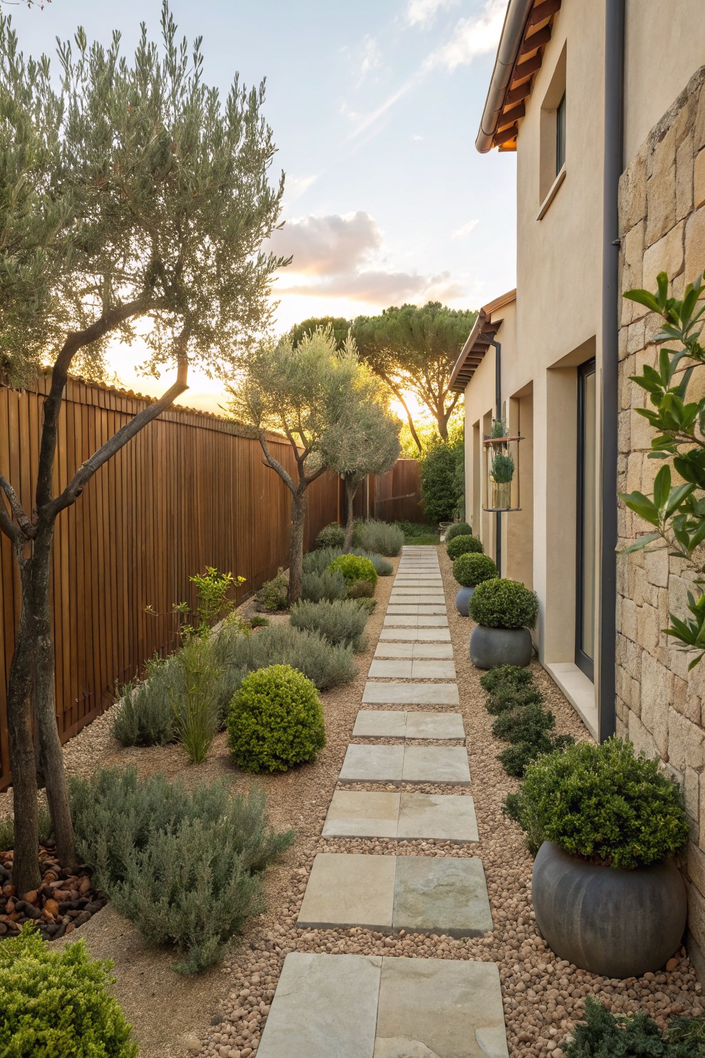 Narrow side yard pathway of irregular gray stone pavers set in gravel, lined with low green shrubs, olive trees, and large gray pots, next to a beige stucco house wall and wooden fence.