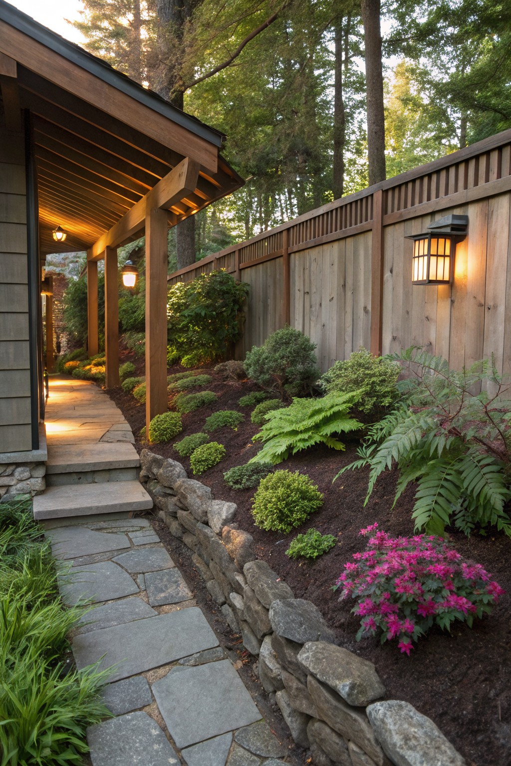 Narrow flagstone path beside a wooden house exterior, edged by a low stacked stone retaining wall holding layered plants like ferns, boxwoods, and pink azaleas, with wooden fence, lanterns, and trees in the background.