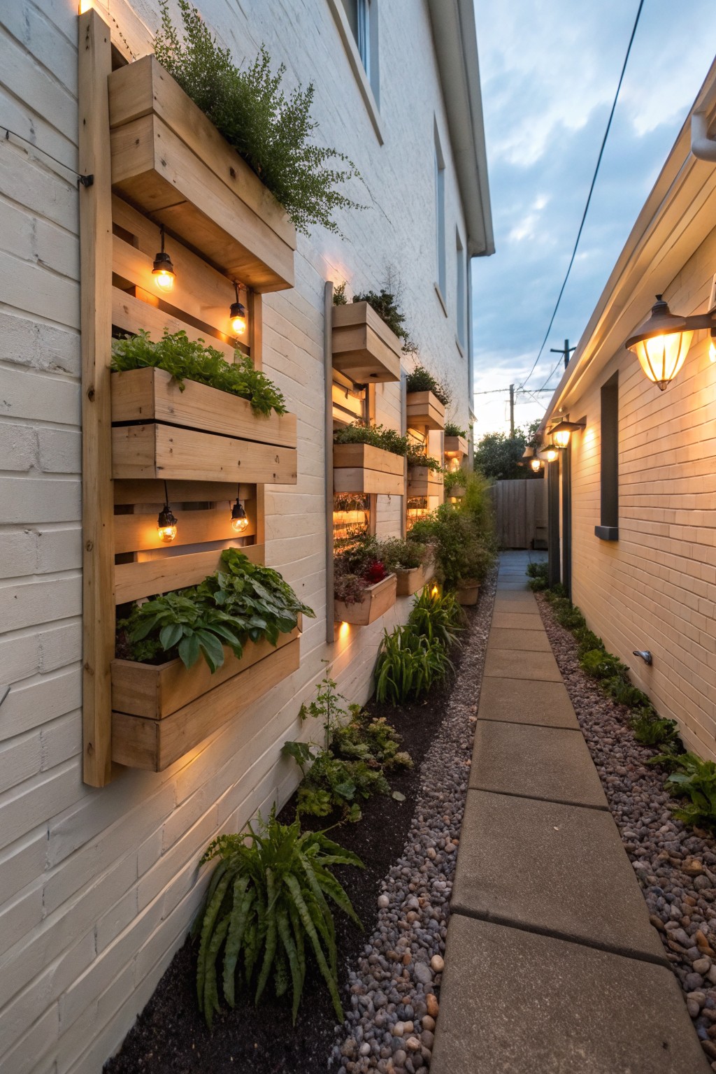 Narrow concrete pathway along white brick house walls lined with vertical wooden pallet planters filled with green plants, string lights hanging from the planters, ground plants, pebbles, and lantern lights.