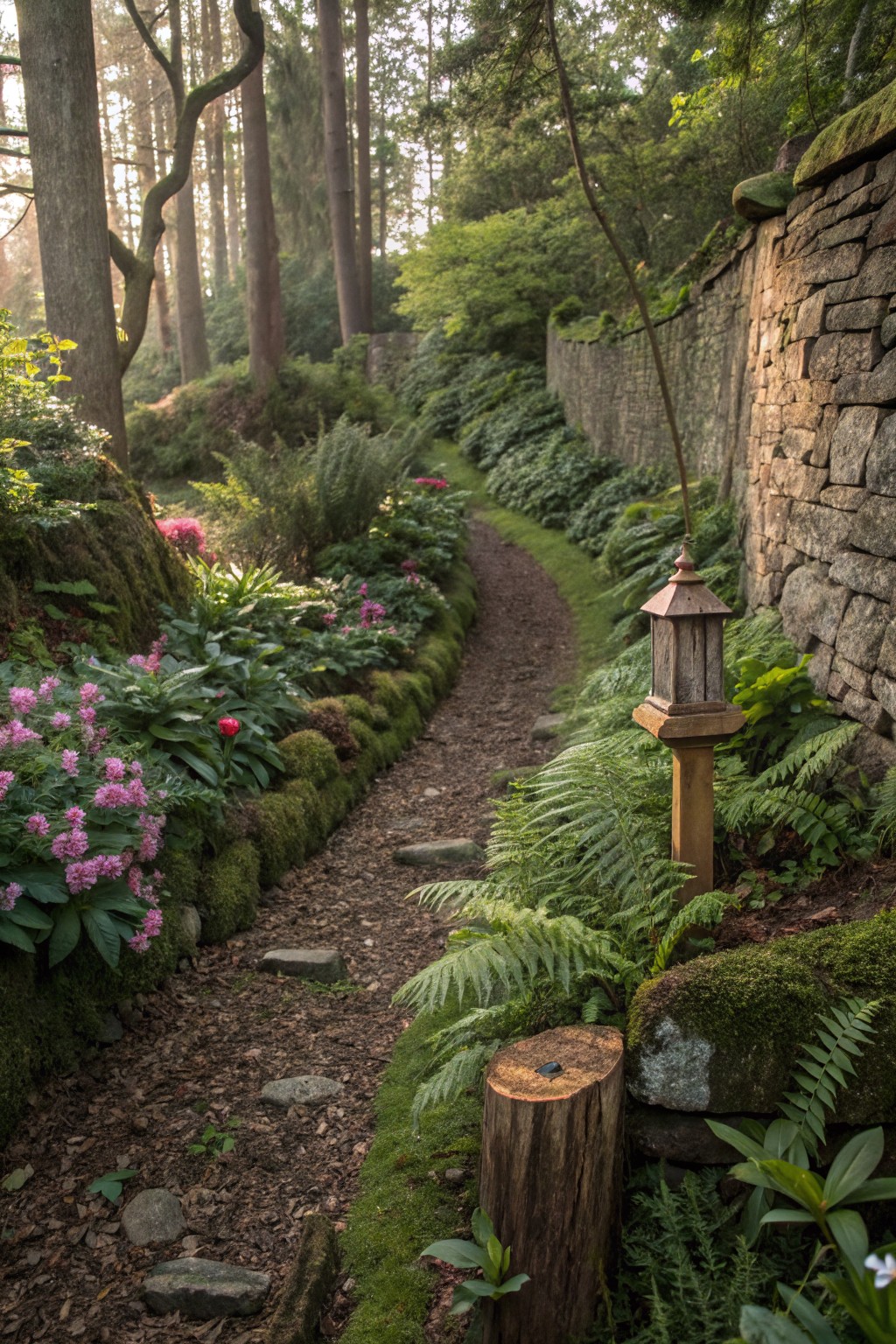 Winding gravel path through a narrow flower bed with pink blooms, ferns, hostas, moss edging, and a stone wall beside dense green foliage and trees.