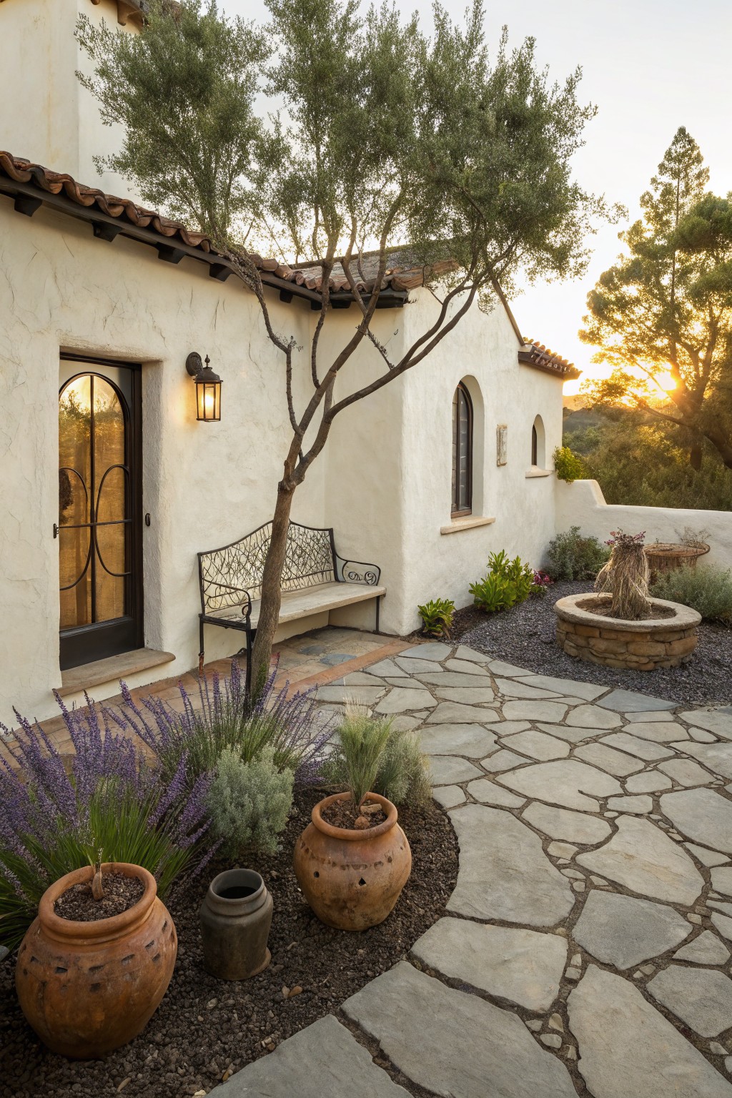 White stucco exterior wall with arched door and lantern, flagstone patio curving around black gravel beds planted with lavender and grasses, large terracotta pots, stone fountain, bench under olive tree, and surrounding drought-tolerant plants at sunset.