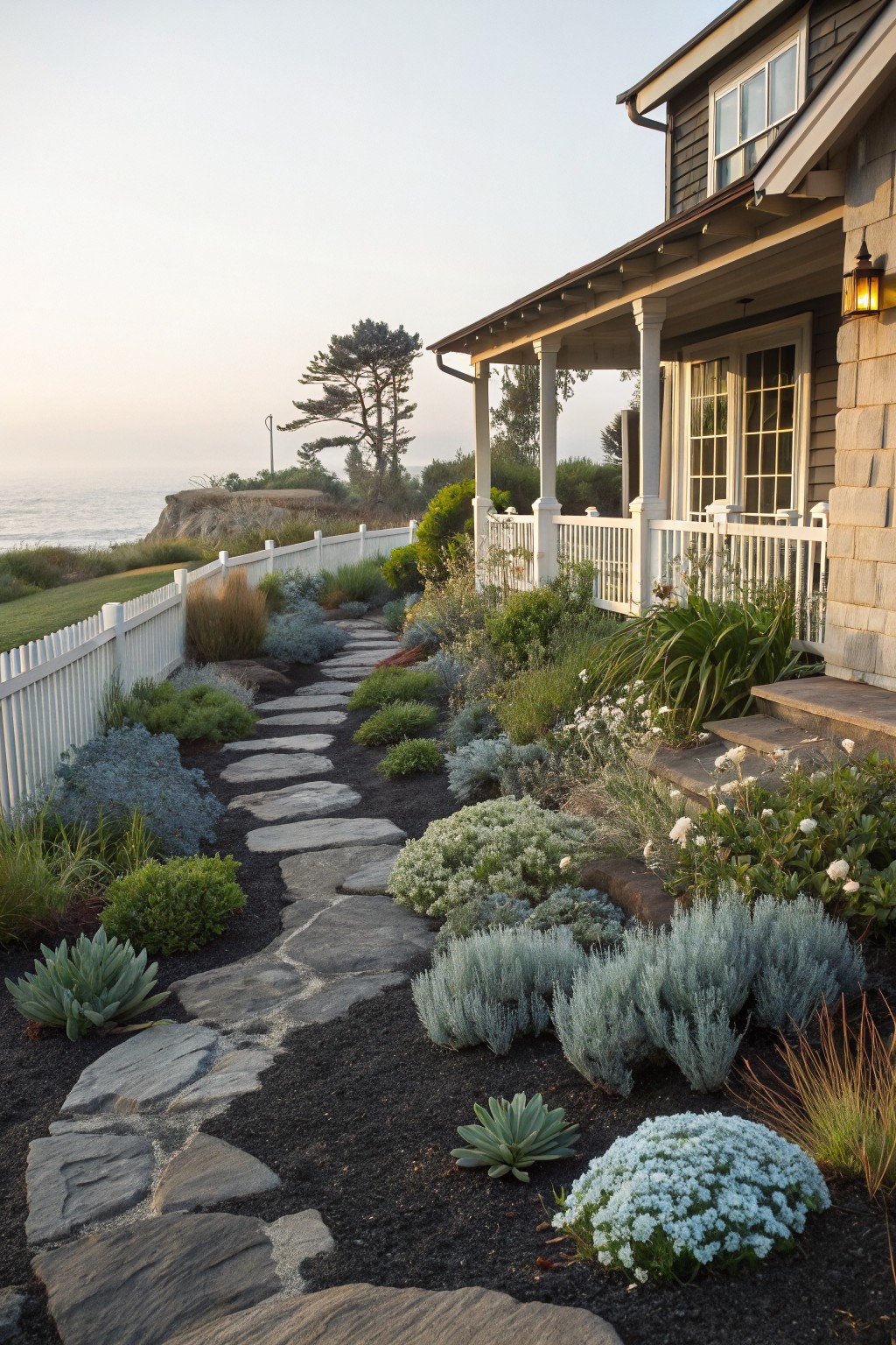Winding irregular stone stepping path through black gravel mulch flower beds planted with silvery shrubs, succulents, and grasses, bordered by white picket fence and leading to shingled house exterior near ocean cliff.