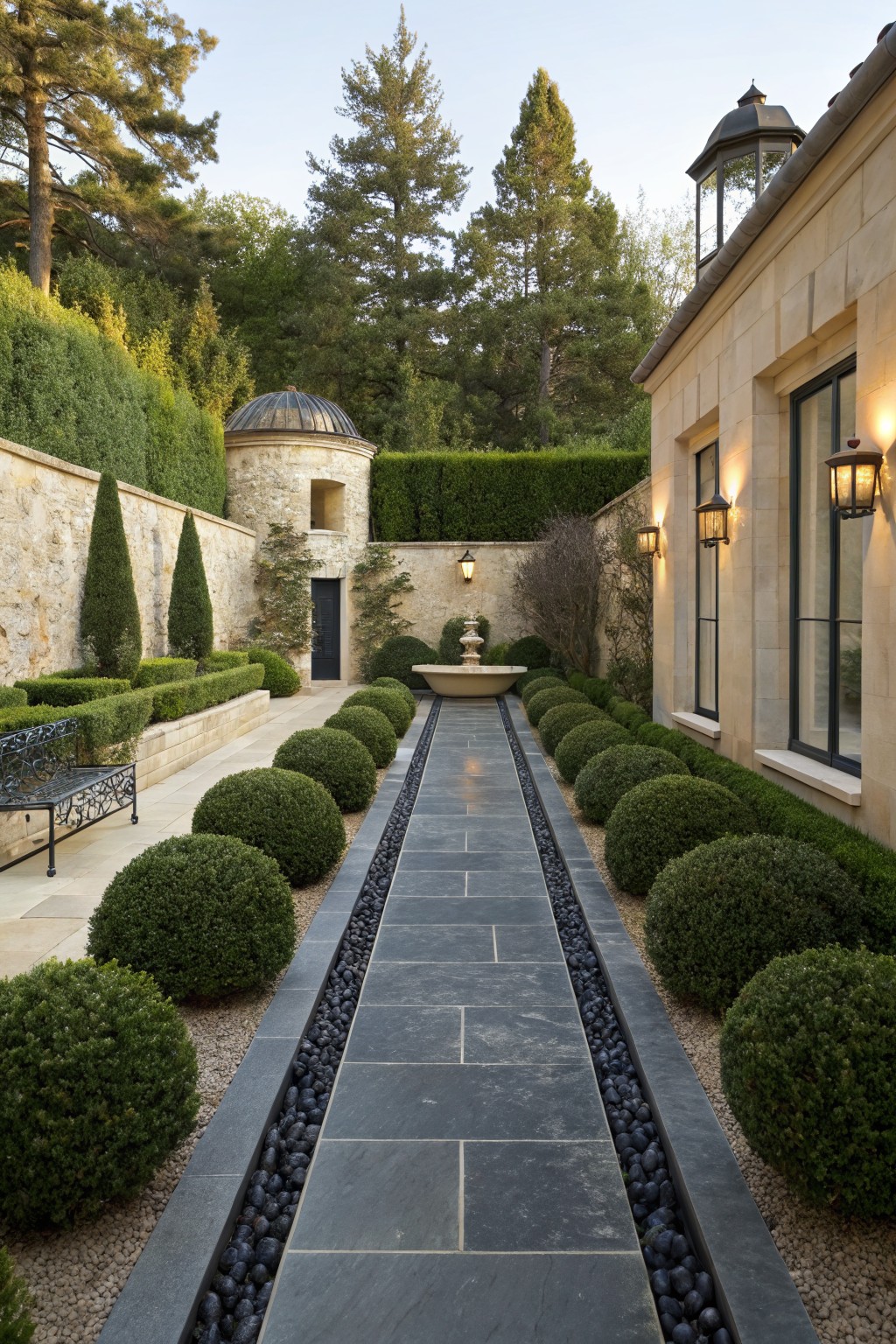 Stone pathway lined with spherical boxwood shrubs and bordered by a narrow channel of black pebbles, set against stone walls, a fountain, and trees in a garden.