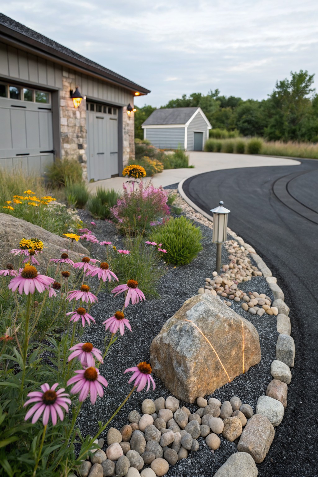 Curved flower bed along an asphalt driveway edged with pebbles and boulders, filled with black gravel mulch and pink coneflowers, yellow flowers, grasses, next to a gray garage and house.