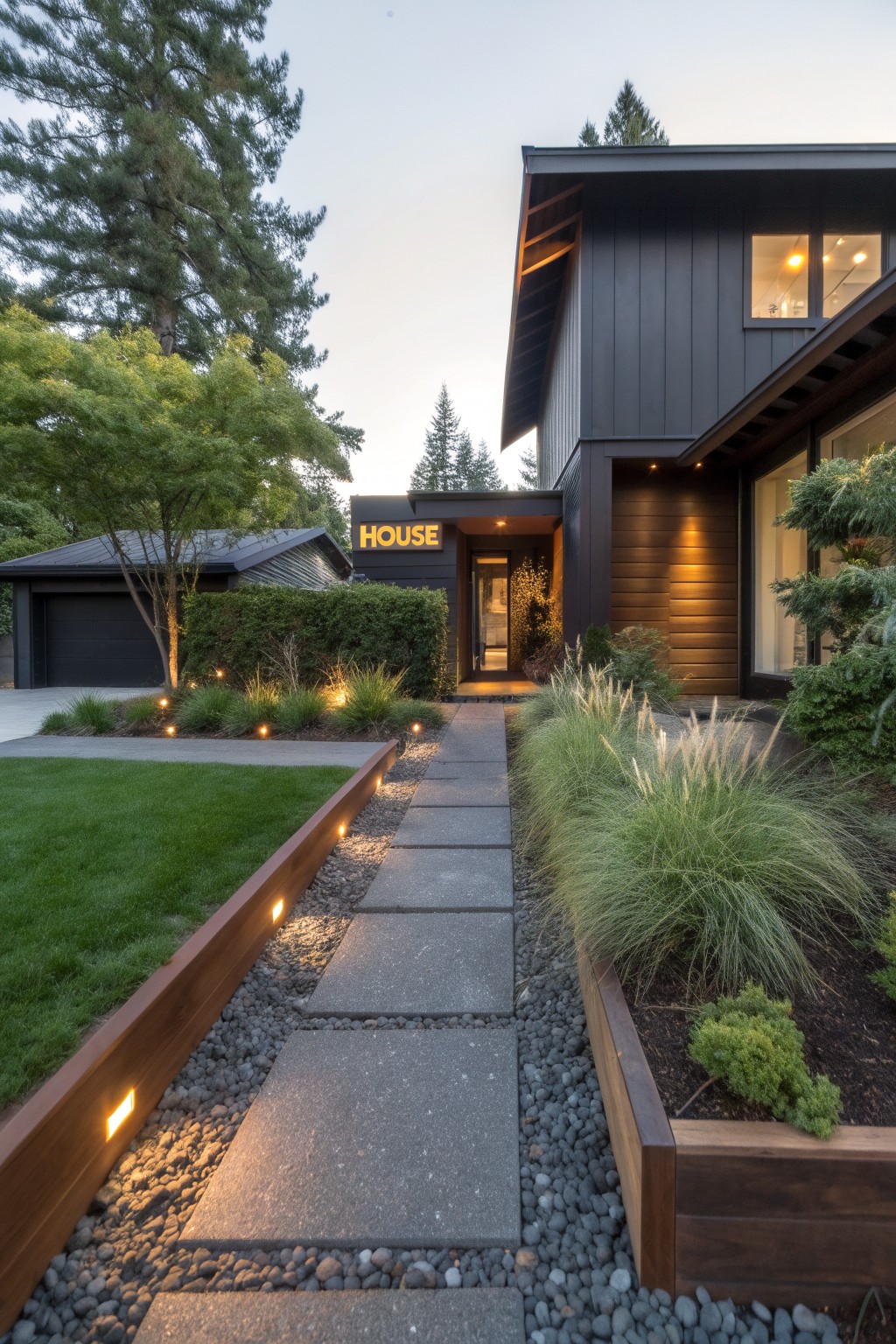 Modern dark house with entry pathway of large gray concrete pavers bordered by wood-framed beds of black gravel, ornamental grasses, and plants, plus low garden lights.