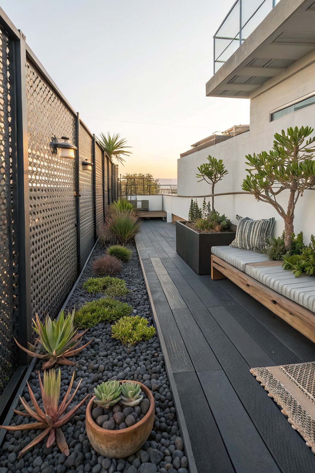 Narrow rooftop terrace pathway with black wood decking, one side lined with black pebble mulched planting beds containing succulents, agaves, and grasses, wooden bench seating, metal lattice fencing, and potted plants at dusk.