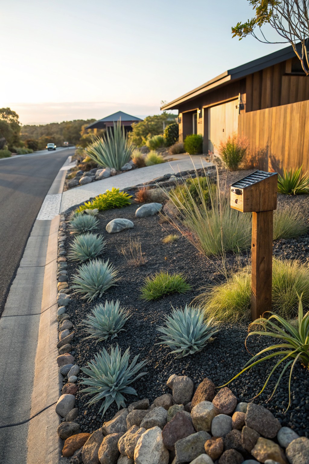 Curbside landscaping bed next to a modern wooden house, featuring black gravel mulch, multiple agave plants, ornamental grasses, rocks, and a wooden mailbox post along a street at sunset.