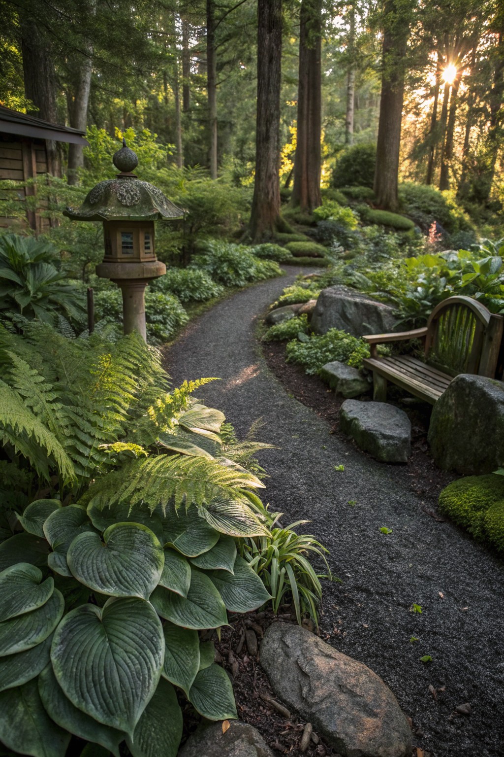 Winding gravel path edged with black rocks through lush garden beds of ferns, hostas, and moss-covered boulders, featuring a wooden bench, stone lantern, and tall trees in dappled sunlight.