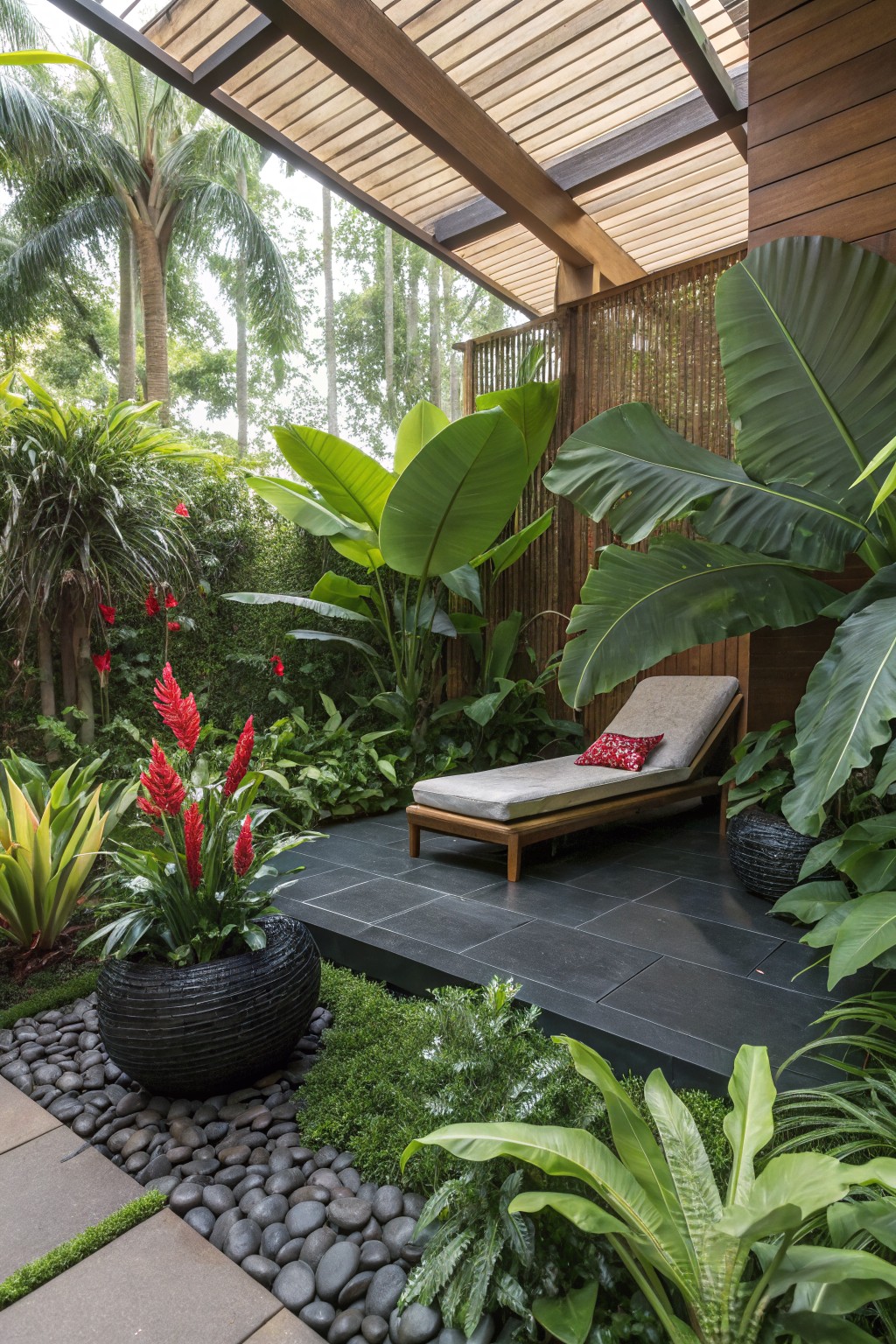 Outdoor patio with black slate floor and wooden lounge chair, bordered by black river rocks, tropical plants including red heliconias in black pots, large banana leaves, and a wooden pergola structure against a wooden house wall.