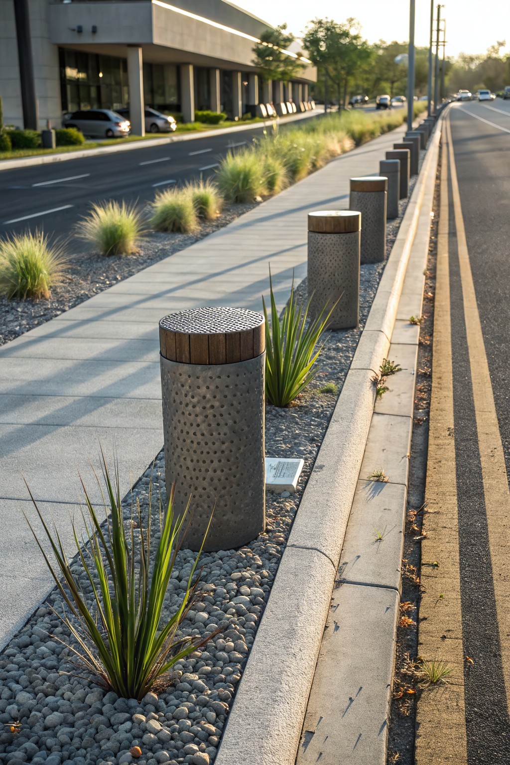 Concrete bollards topped with wood along a sidewalk, planted with grasses in gravel beds next to a concrete curb and road.