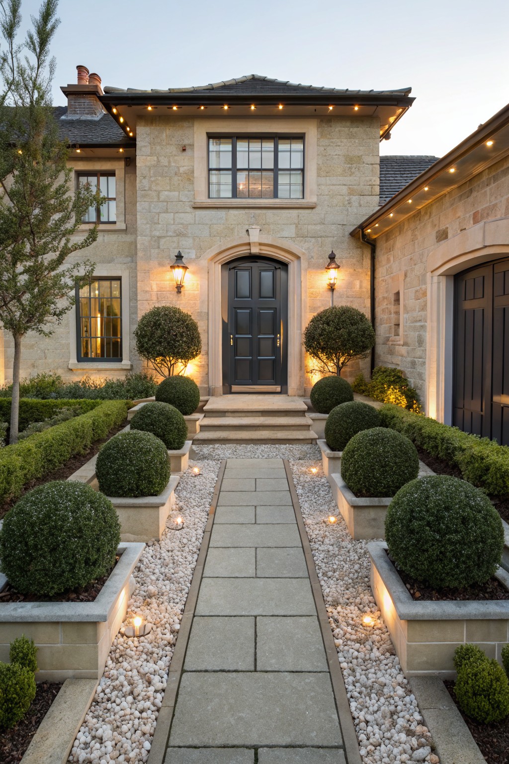 Beige stone house facade with arched black front door and lanterns, stone slab pathway edged in white pebbles and lined with raised stone planters containing spherical boxwood shrubs, landscape lighting along the edges.