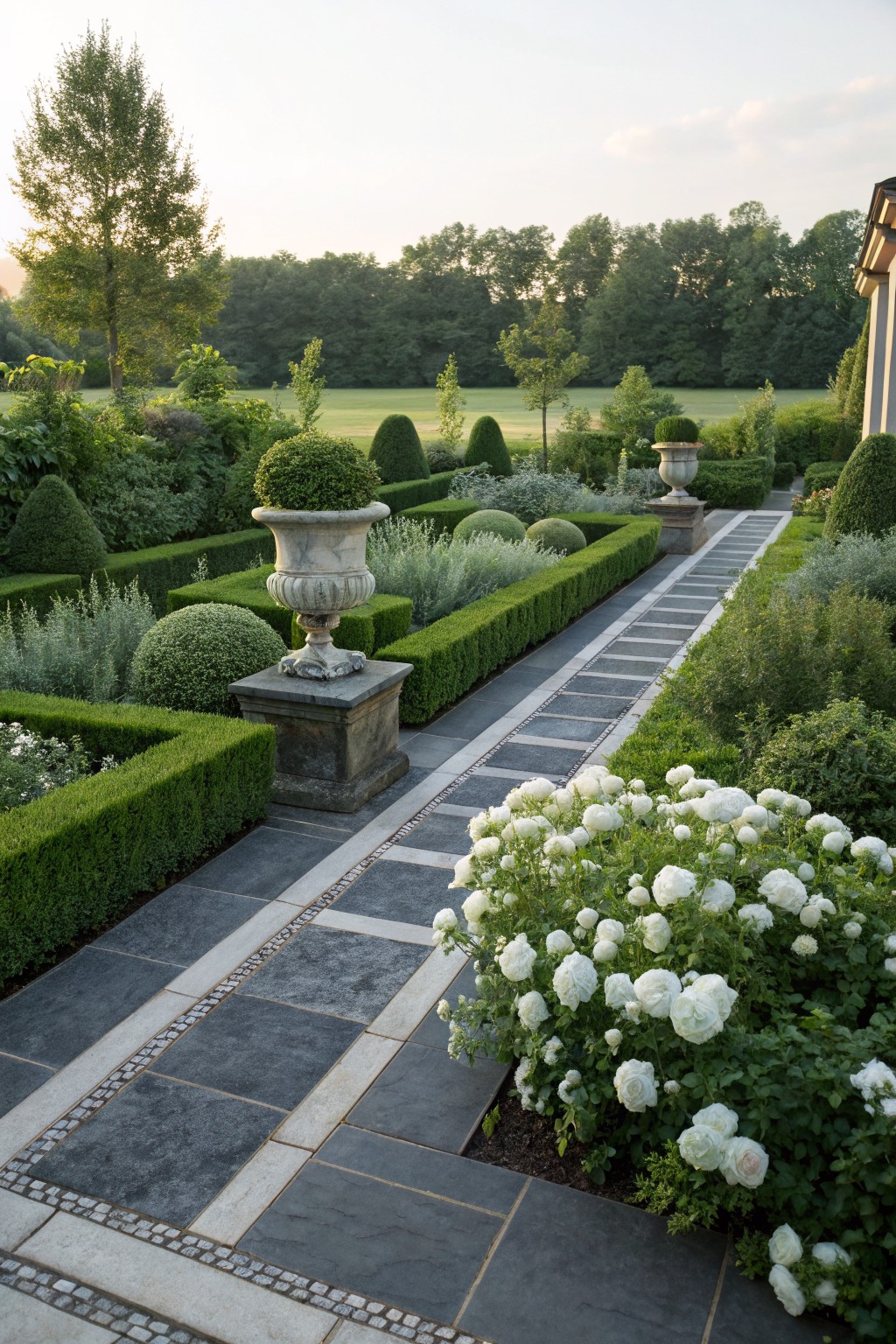 Formal garden with dark slate tile path edged in light stones, flanked by boxwood hedges, stone urns planted with greenery, and white rose bushes in adjacent beds.