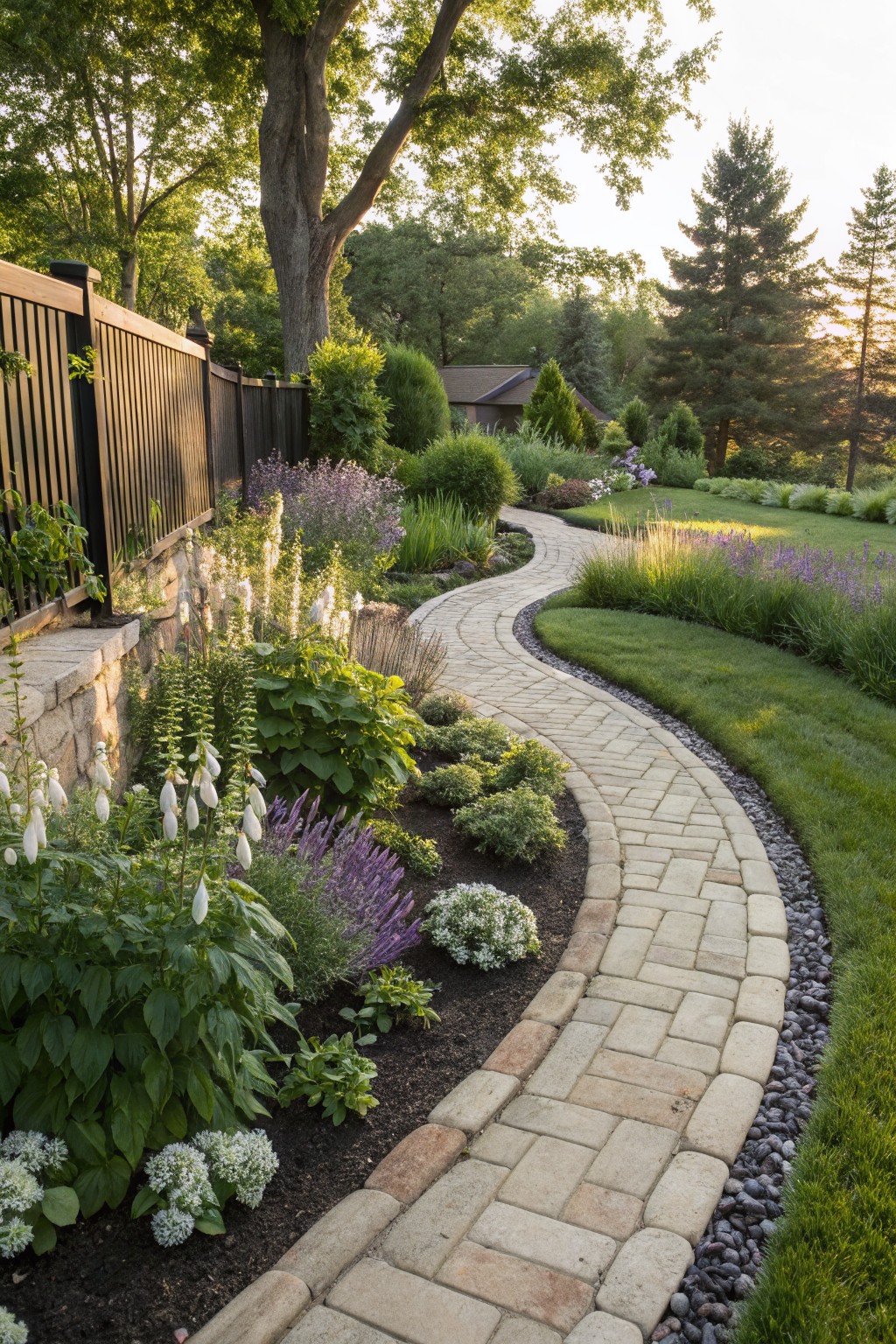 Curving brick paver path edged with black rocks through flower beds planted with white foxgloves, purple lavender, ornamental grasses, and shrubs, next to a wooden fence and trees in a garden.