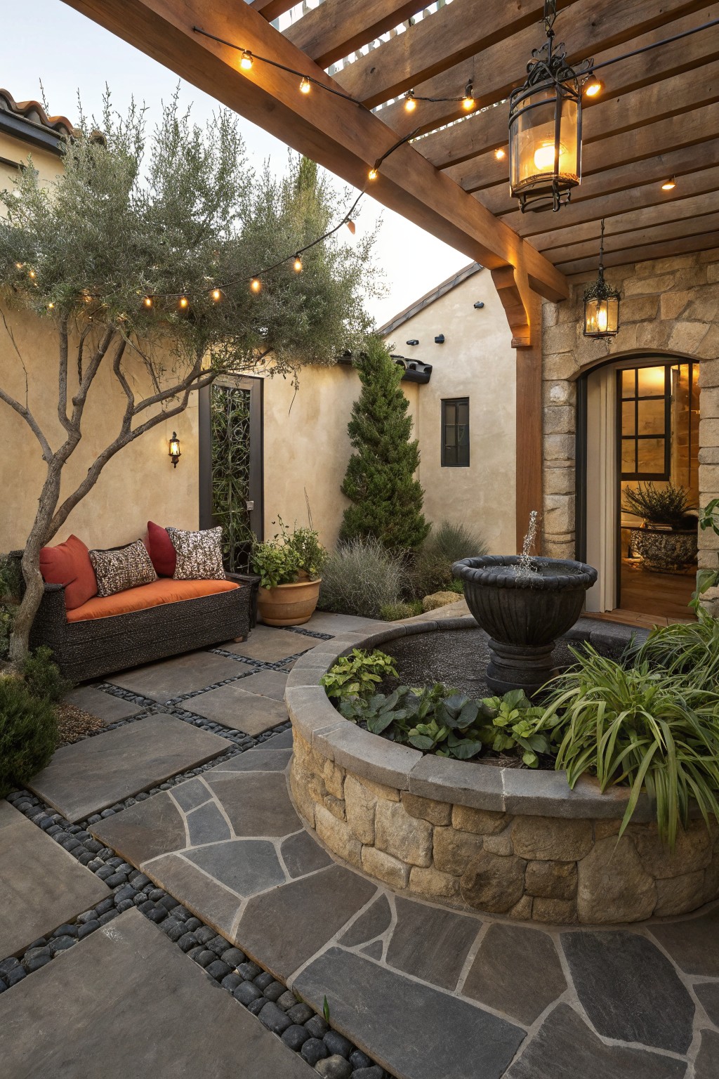 Outdoor courtyard with dark slate flagstone paths filled with black pebbles surrounding a central raised stone fountain basin planted with greenery, a built-in orange bench seat under an olive tree, wooden pergola overhead with string lights, and stone walls enclosing the space.