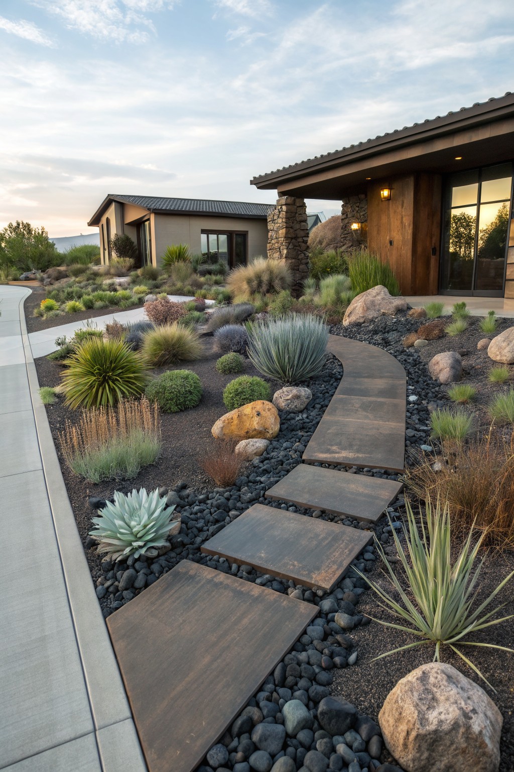 Curved pathway of large dark rectangular stepping stones set into black gravel bed with boulders, succulents, grasses, and agave plants leading to a modern house exterior.