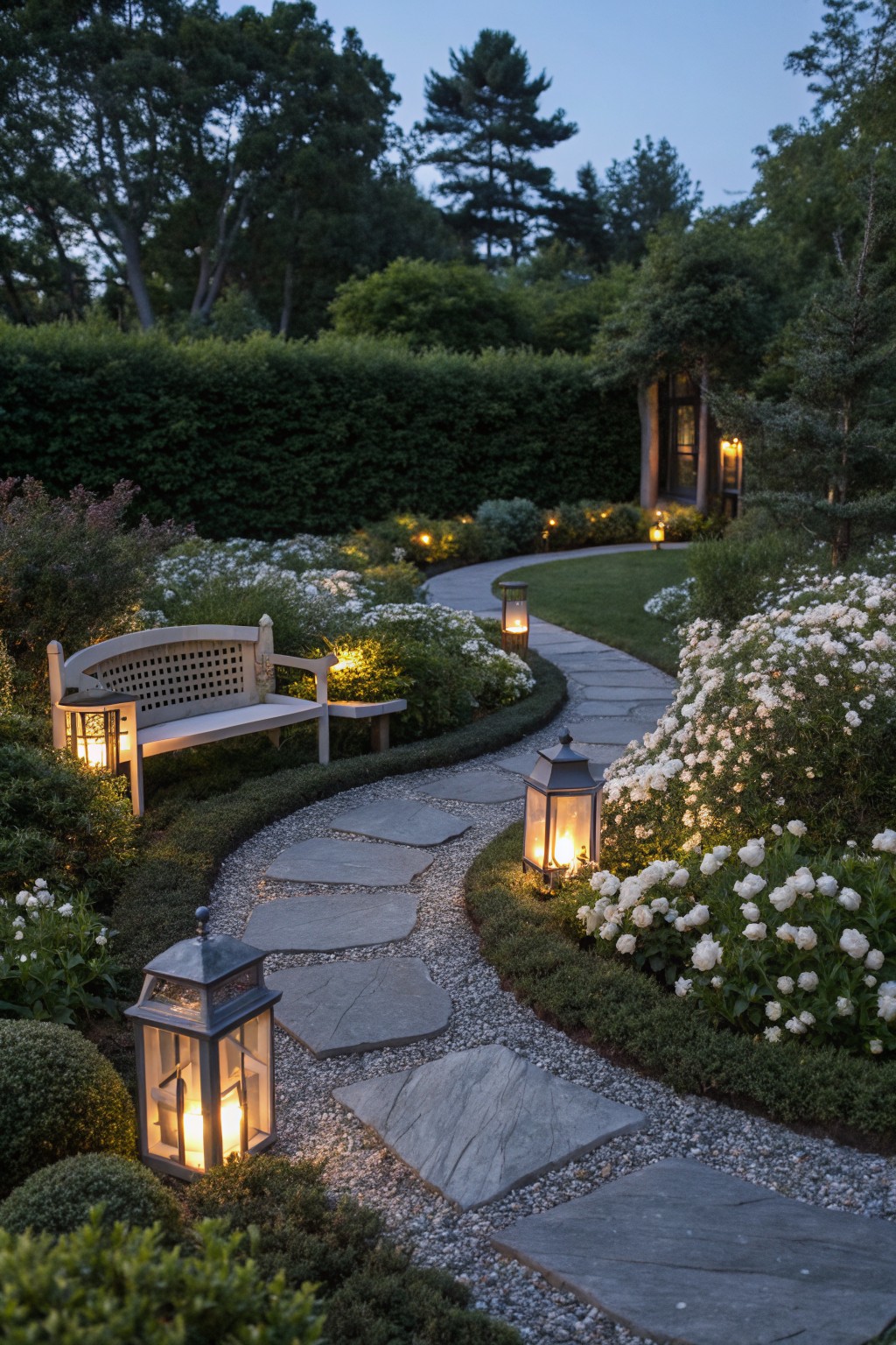 Winding dark stone slab path through gravel and white flower beds, with lanterns and a curved wooden bench in a garden at dusk.