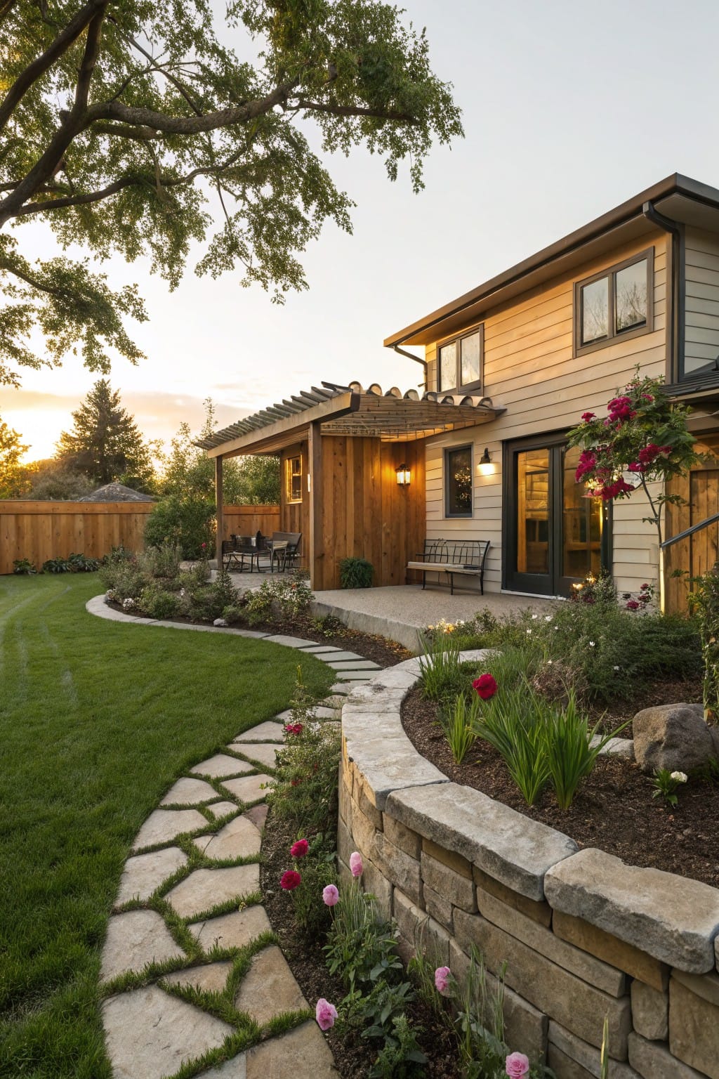 Backyard view showing a house with wood siding and pergola patio, curved flagstone path through lawn, and low curved stone retaining wall edging garden beds with flowers, shrubs, and grasses.