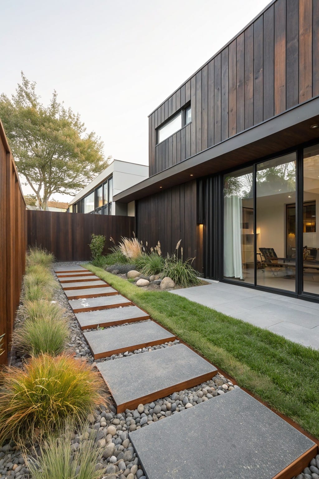 Backyard pathway of rectangular concrete slabs edged in rusted metal, set amid pebbles and ornamental grasses, next to a strip of lawn and wooden house wall with sliding glass doors.