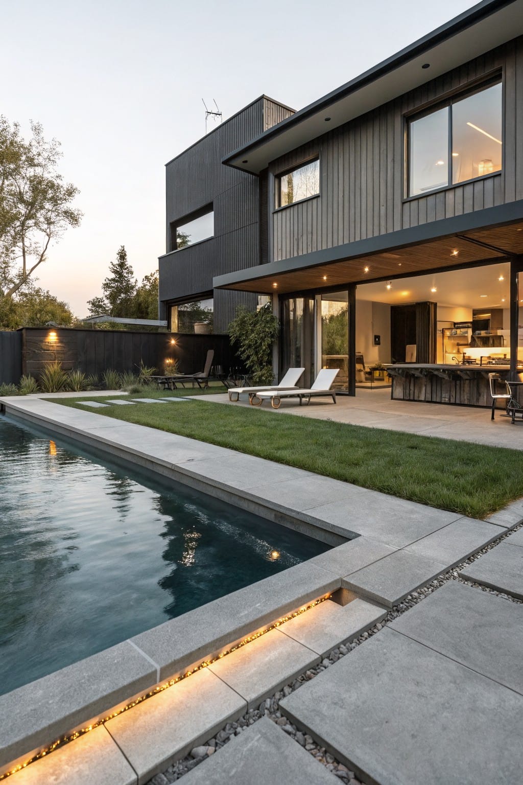 Backyard pool with gray concrete coping featuring integrated LED strip lighting underneath, adjacent to a concrete patio with pebble joints, grass lawn, lounge chairs, and a modern house with open doors to the kitchen.