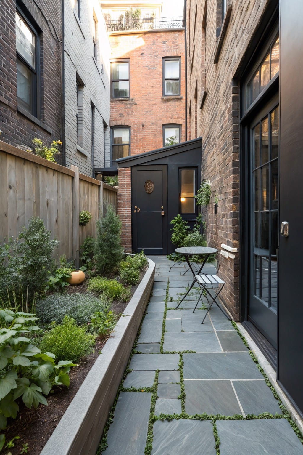 Narrow backyard passageway flanked by brick walls and wooden fence, featuring a slate tile path, curved raised garden bed with plants and a pumpkin, small round table with chairs, and a modern black door.
