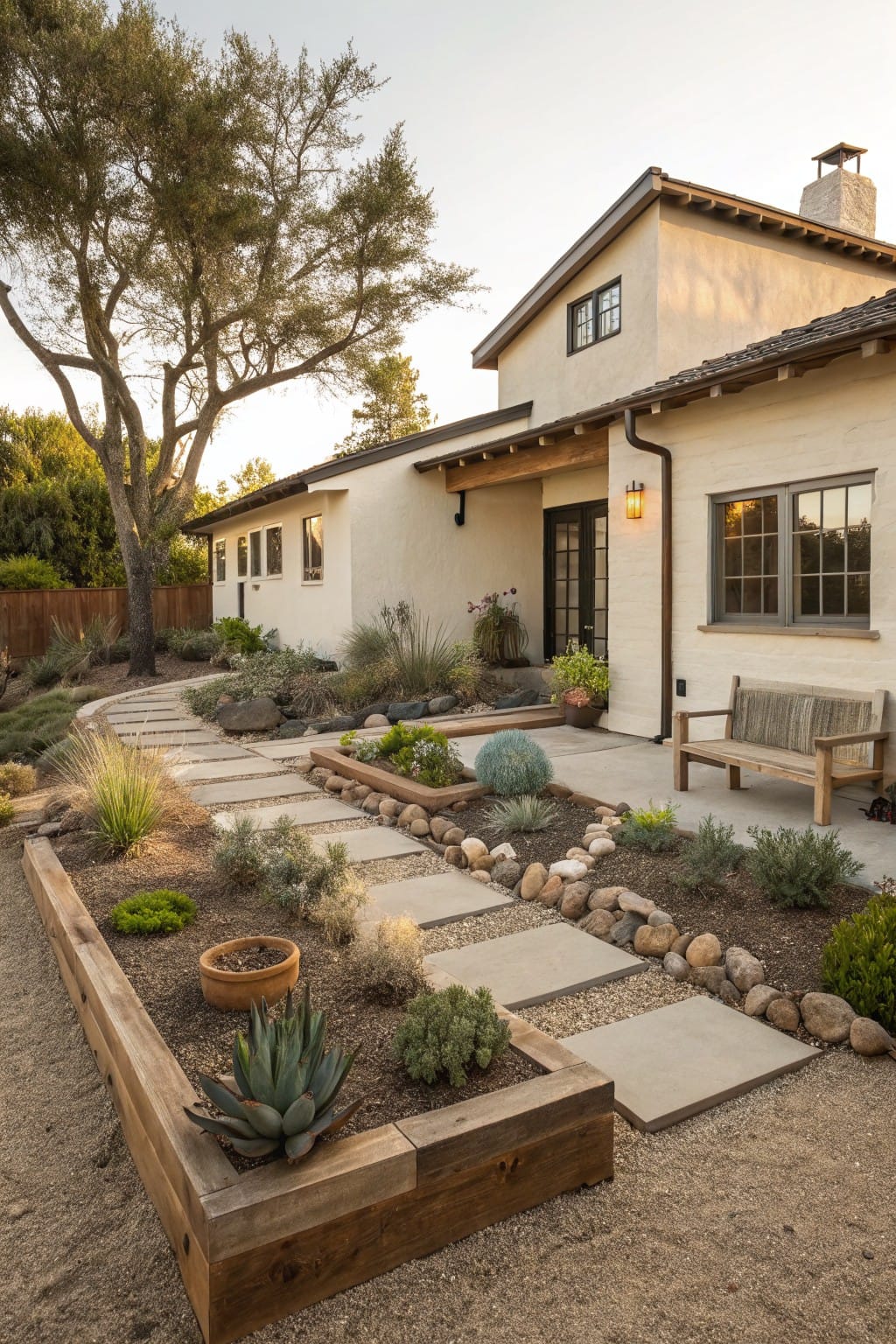 A modern home with a landscaped path, plants, and a wooden bench.