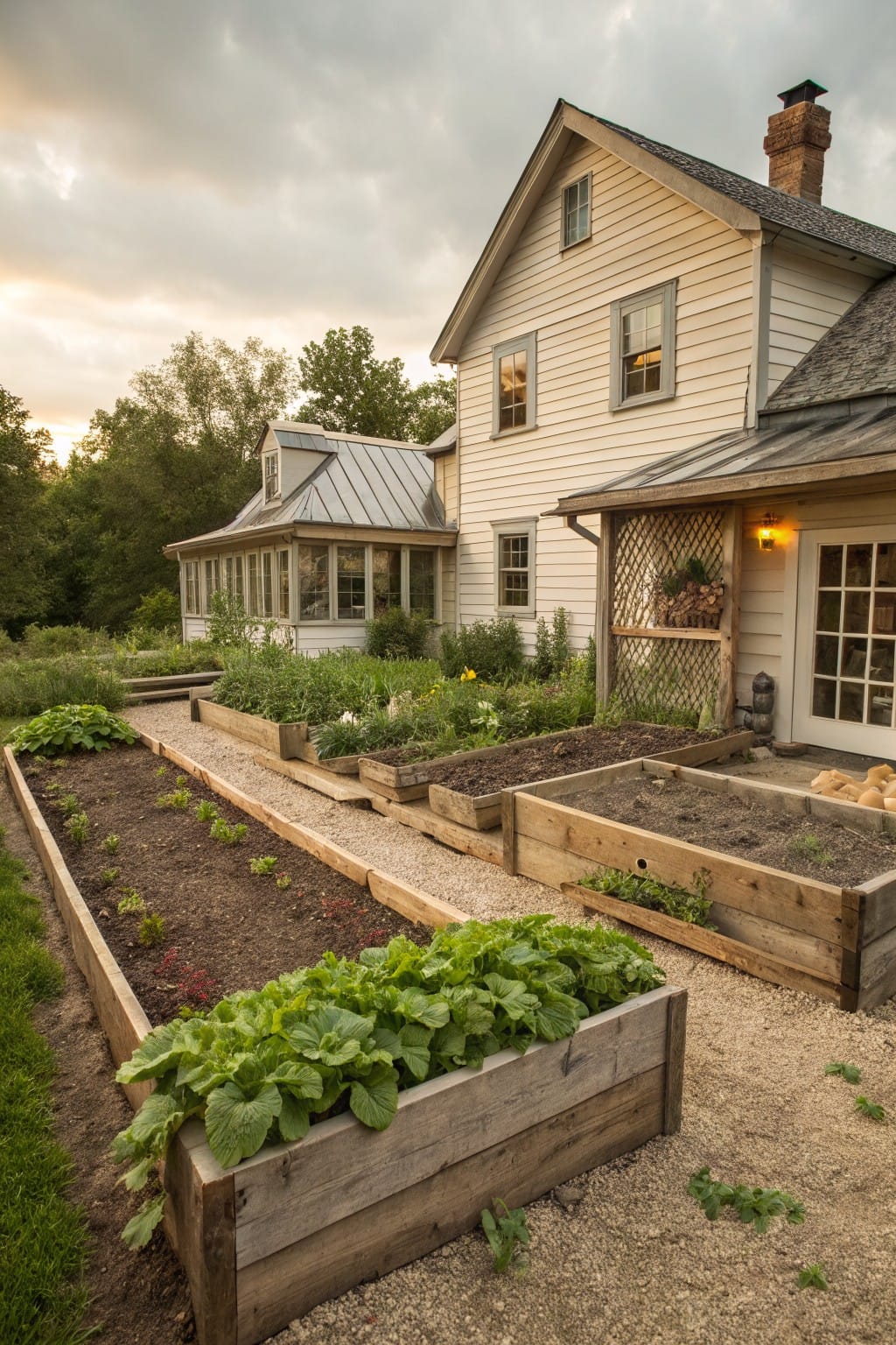 White clapboard house with side sunroom and porch next to gravel path lined with rectangular raised wooden garden beds containing vegetables and plants.