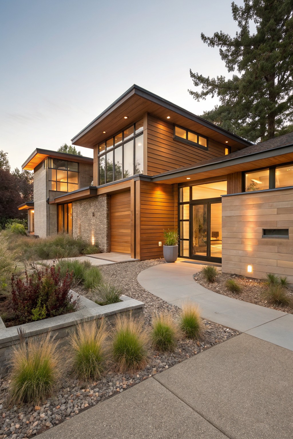 Modern house exterior with wooden accents, large windows, and landscaped walkway at dusk.
