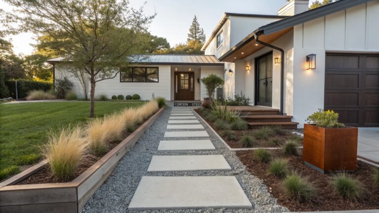 19 Stylish Front Yard Landscaping Ideas Using Pea Gravel for Texture Front view of a modern beige and wood house with a wooden front door, lit wall sconces, concrete entry steps, and a yard path of large rectangular gray stone slabs spaced apart in pea gravel, bordered by grasses, succulents in a metal planter, and a lawn.