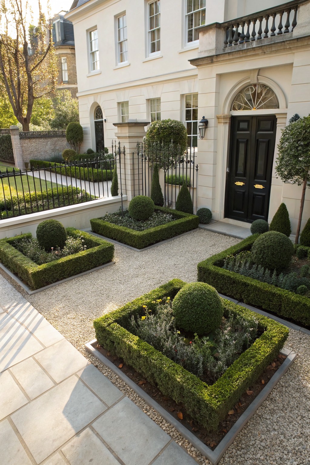 Front yard garden with square boxwood hedge beds planted with flowers and herbs, pea gravel paths and open areas, stone pavers, and a white house facade with black front door.