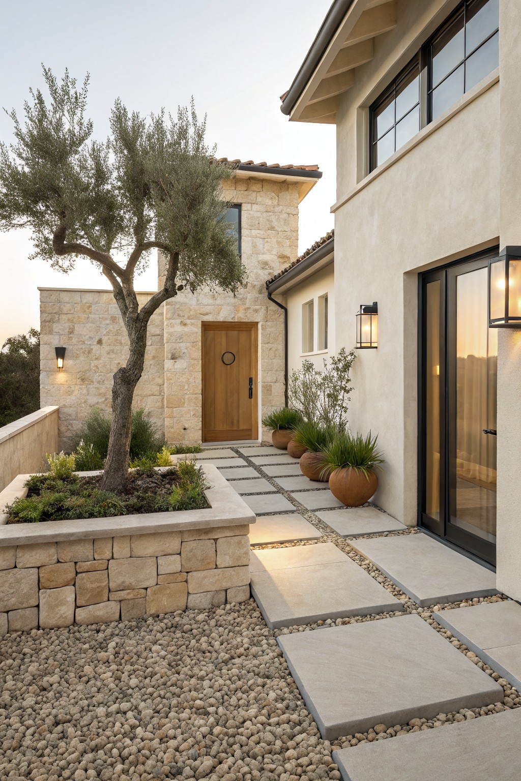 Stone retaining wall with olive tree in planted bed, gray pea gravel ground cover surrounding large rectangular pavers forming a pathway to a wooden entry door on a stucco and stone house exterior, terracotta pots with plants along the wall.