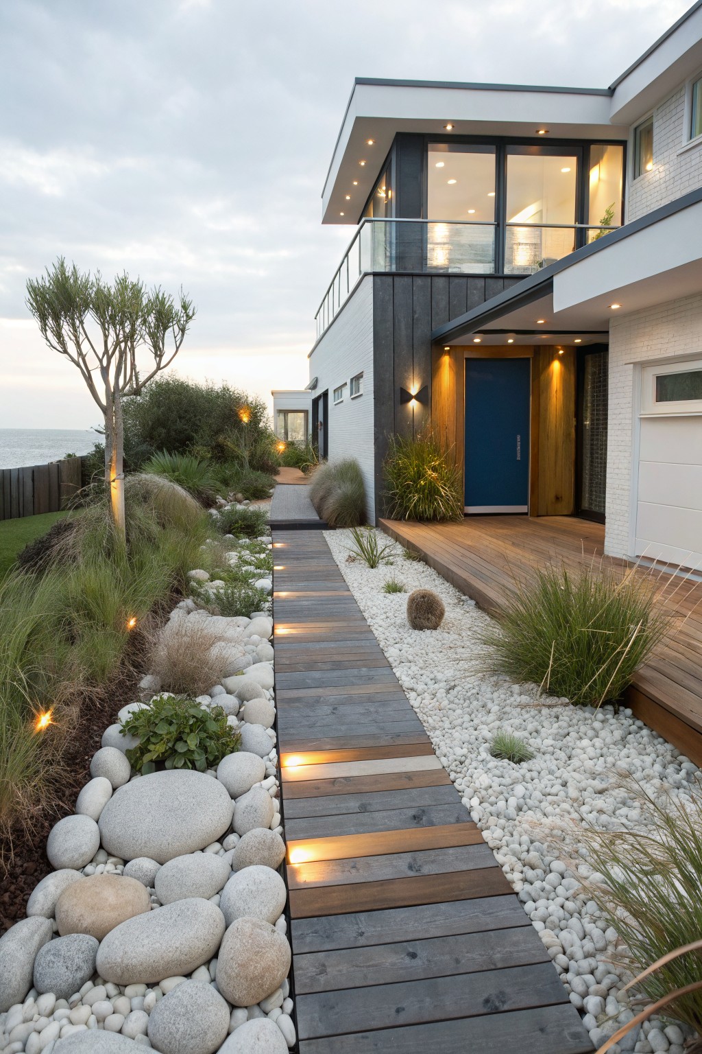 Front yard path of dark wooden planks with integrated lighting, bordered by white pea gravel beds filled with large white boulders and ornamental grasses, leading to a modern house entrance by the ocean.