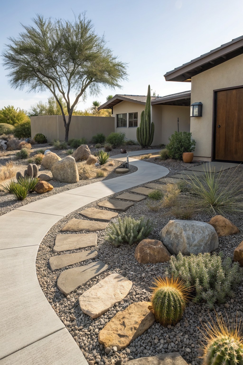 Curved concrete walkway with irregular stone slabs, bordered by pea gravel, large boulders, desert plants, succulents, and cacti in a front yard leading to a beige stucco house with wooden garage door.