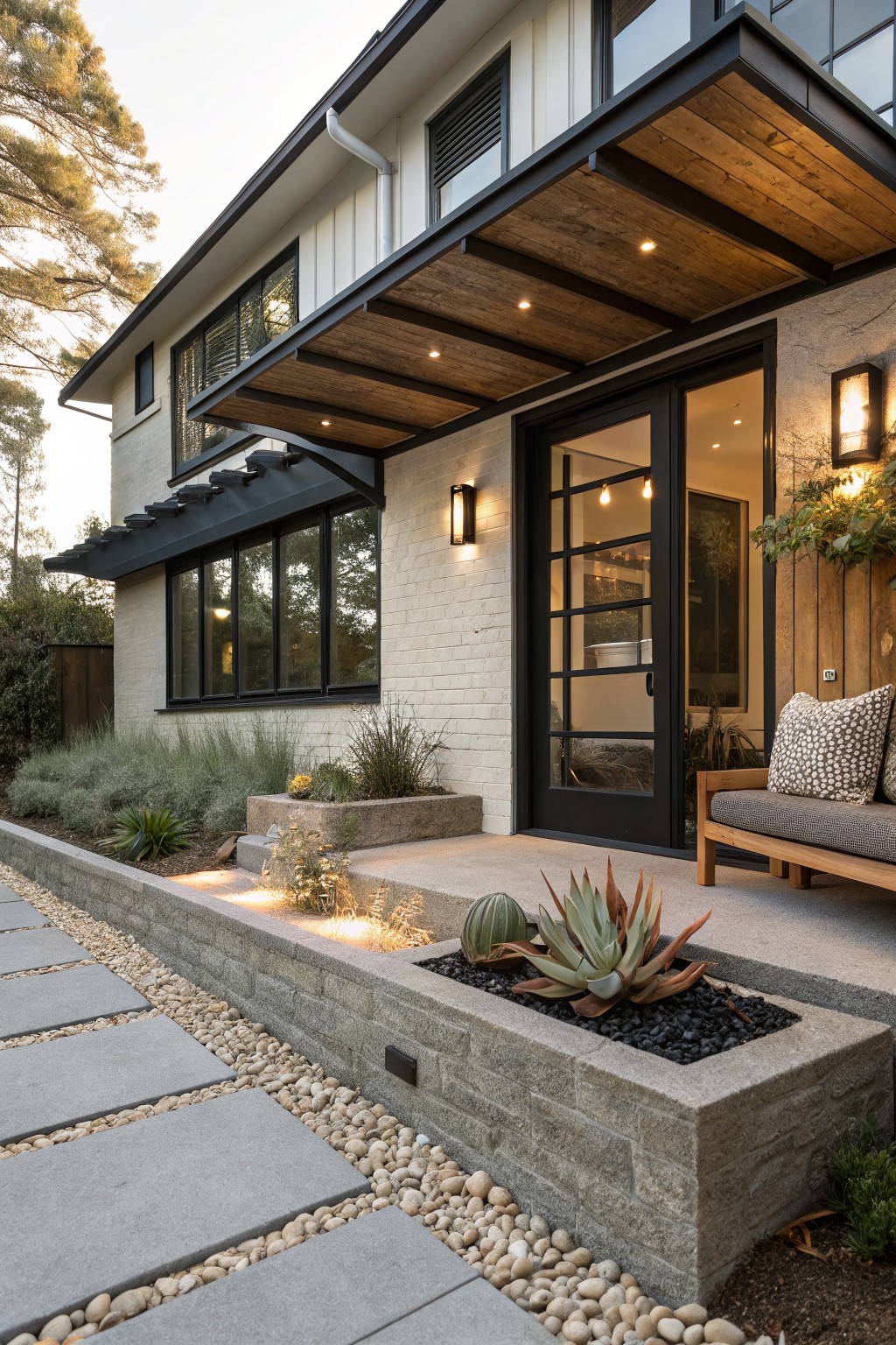 Contemporary house exterior showing a black-framed glass entry door flanked by lights, a wooden bench with cushions, stone retaining wall holding agave plants and black gravel, and concrete paver walkway edged with light-colored pea gravel and pebbles.