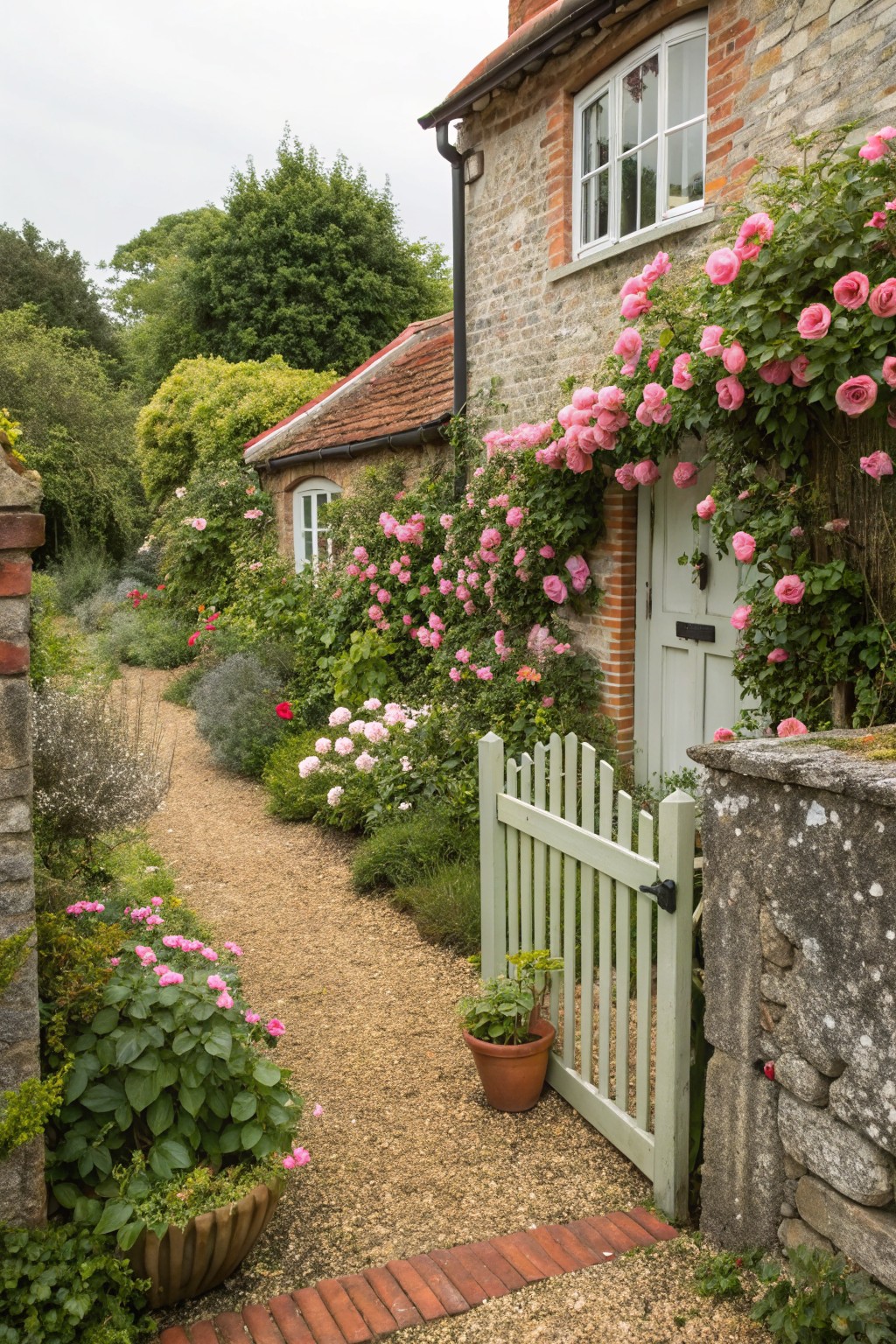 A pea gravel path winds through lush garden beds filled with pink roses, hydrangeas, and greenery, leading to a white picket gate and pale green cottage door flanked by climbing roses.