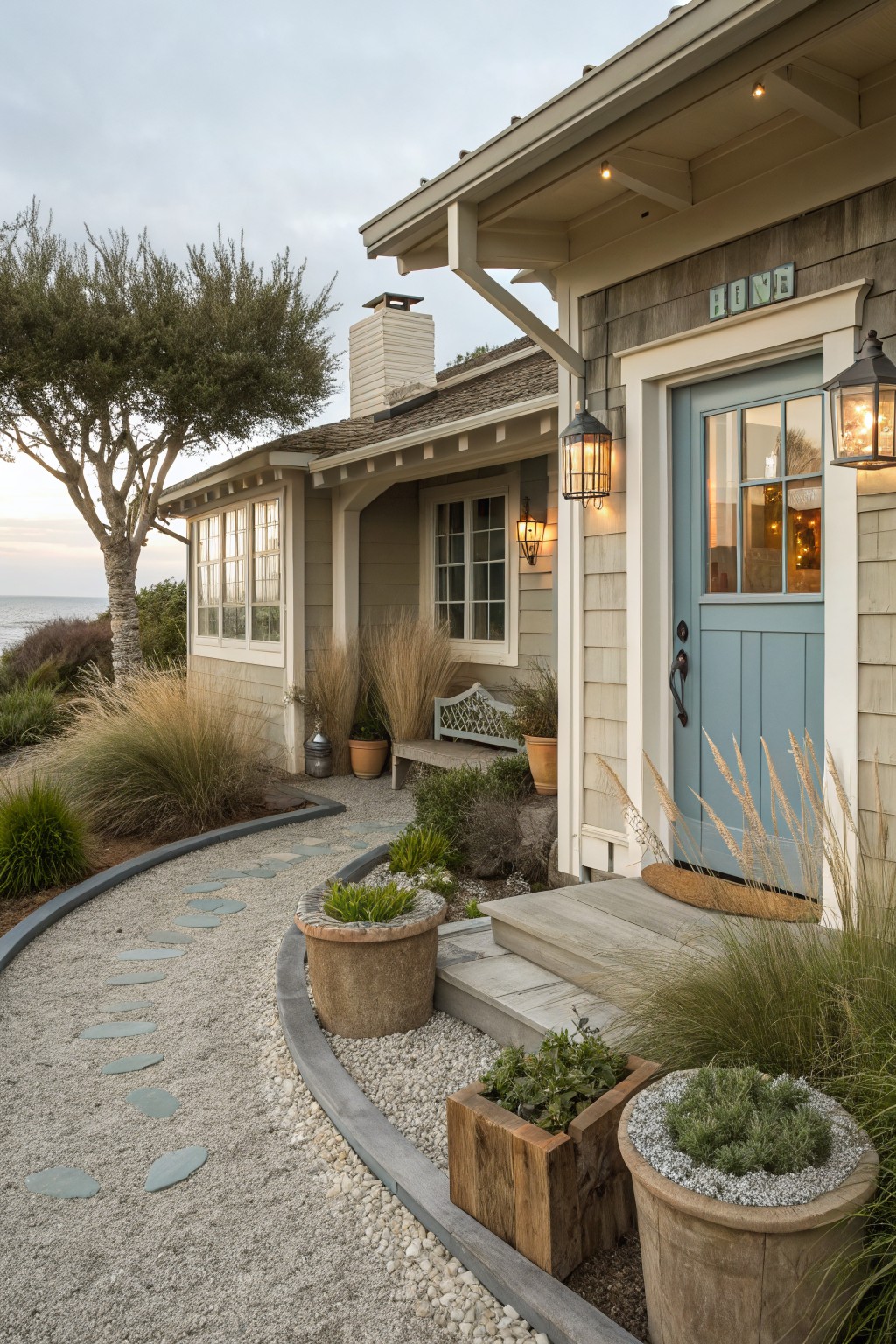 Coastal shingle-style house with turquoise front door and warm exterior lighting, front yard featuring curved pea gravel pathway with irregular slate stepping stones, bordered by grasses, potted plants, and wood edging.
