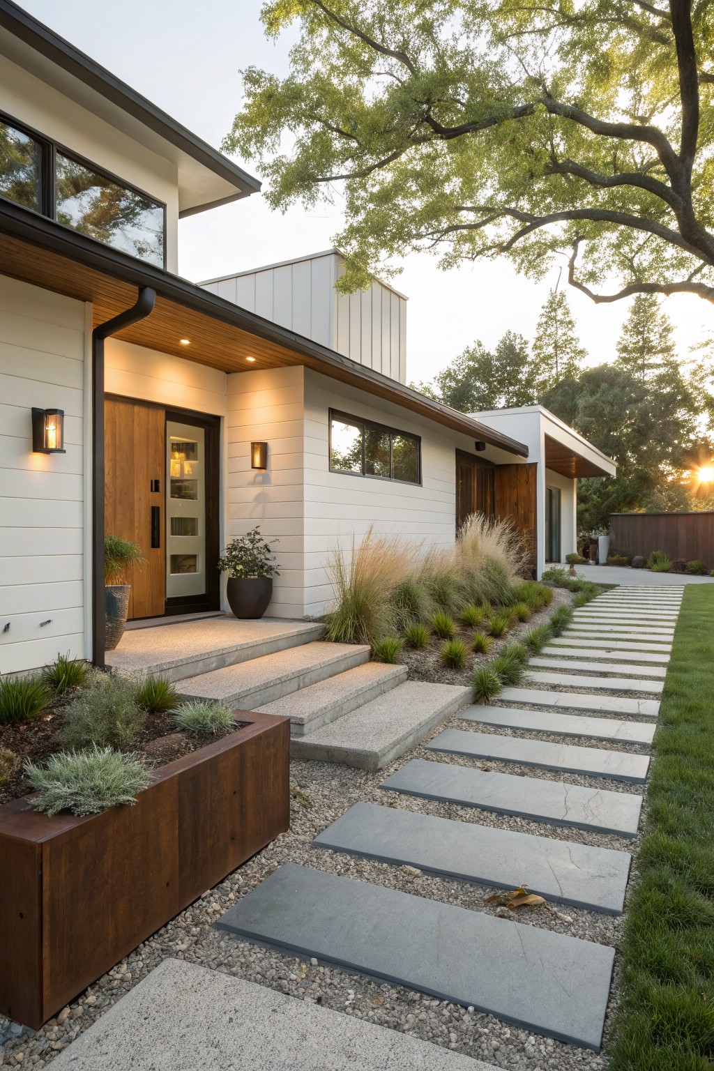Front view of a modern beige and wood house with a wooden front door, lit wall sconces, concrete entry steps, and a yard path of large rectangular gray stone slabs spaced apart in pea gravel, bordered by grasses, succulents in a metal planter, and a lawn.