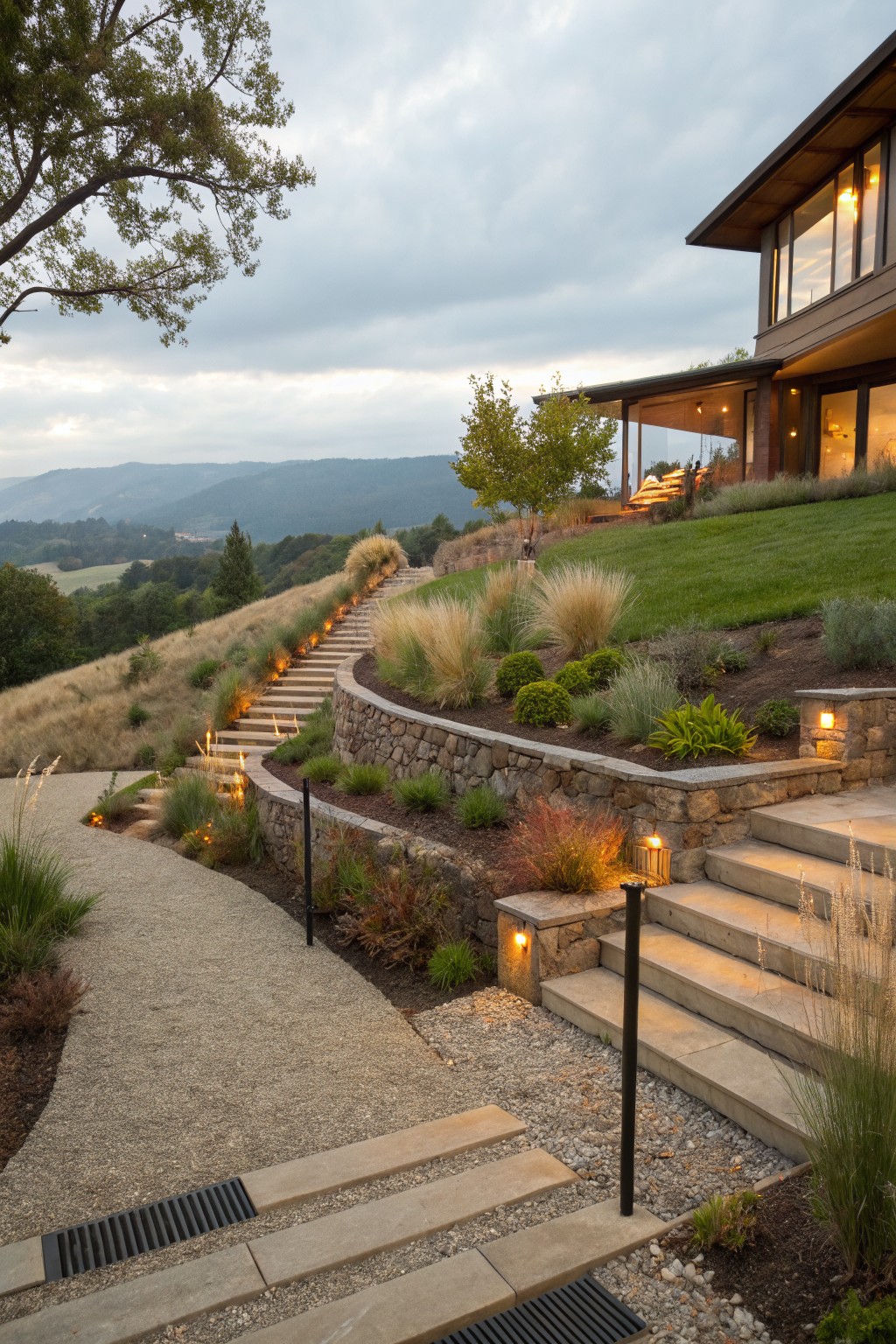 Winding pea gravel path and broad stone stairs ascend a grassy slope lined with ornamental grasses, retaining walls, and low-voltage lights toward a modern wood-clad house under a cloudy sky.