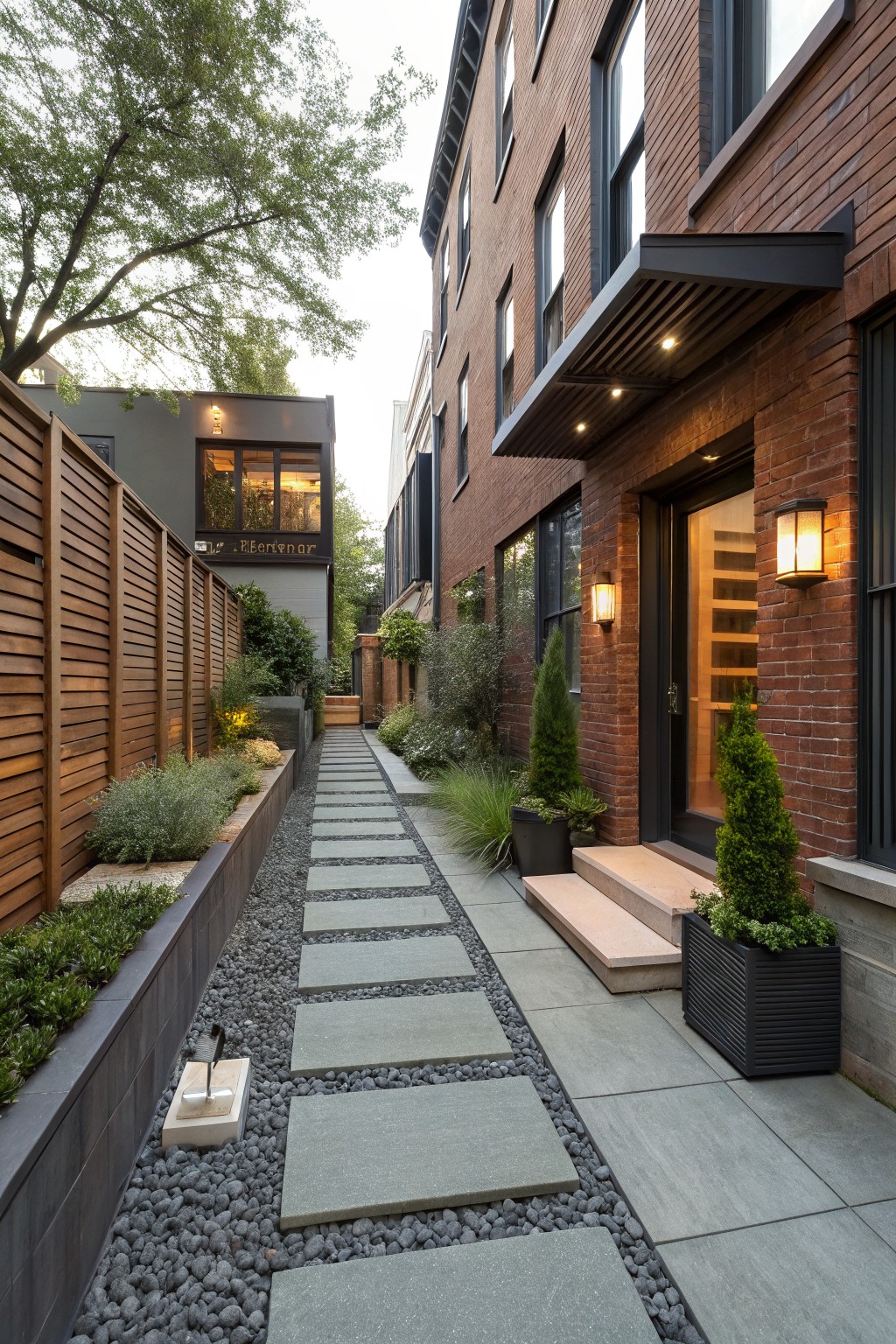 Narrow landscaped pathway with large rectangular stepping stones set in pea gravel, bordered by plants in raised beds and wooden fences, leading to the glass door of a brick house flanked by lanterns and potted trees.