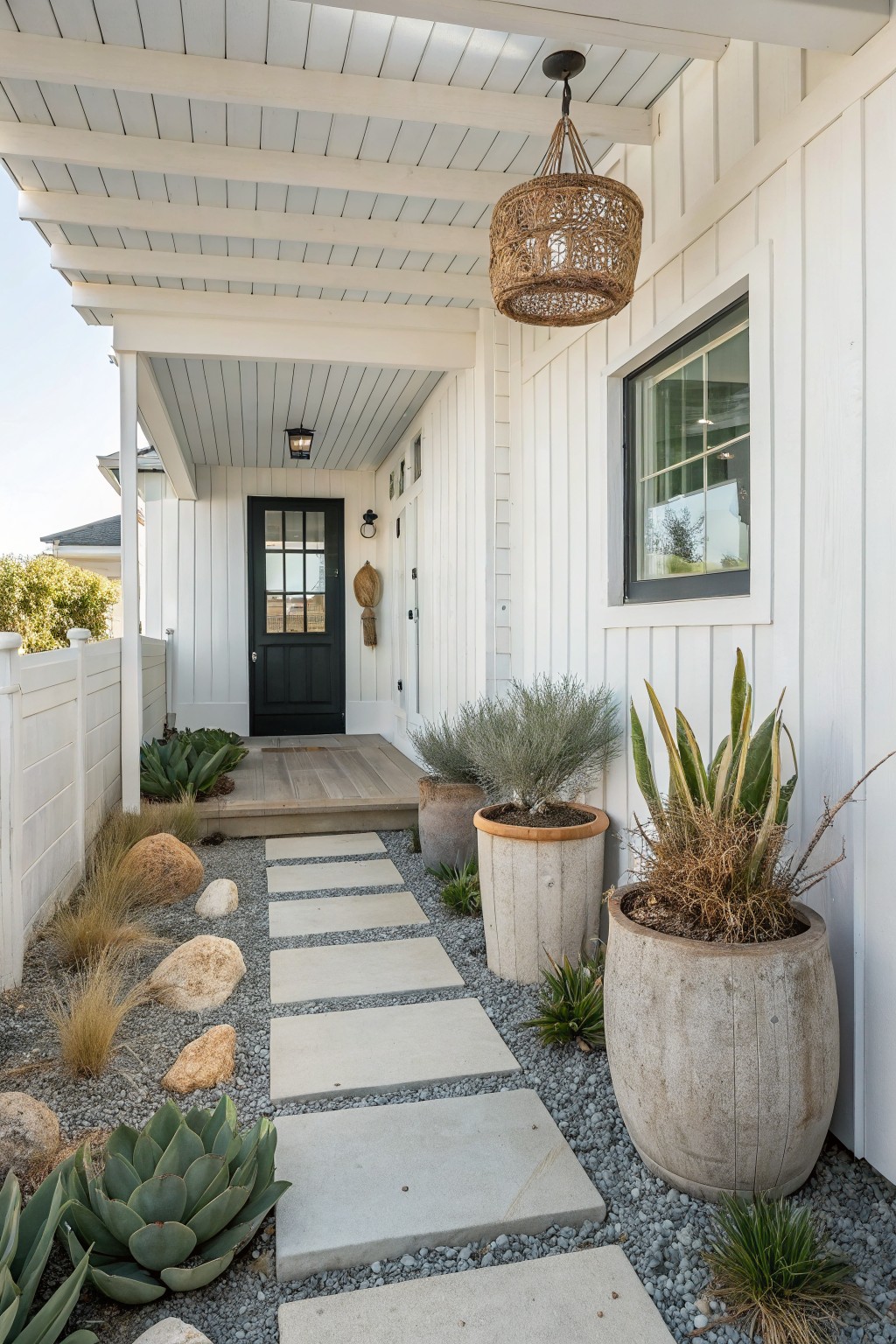 White board-and-batten house with black front door under a covered porch, flanked by a pathway of square concrete stepping stones set in pea gravel with succulents, agaves, and large terracotta pots nearby.